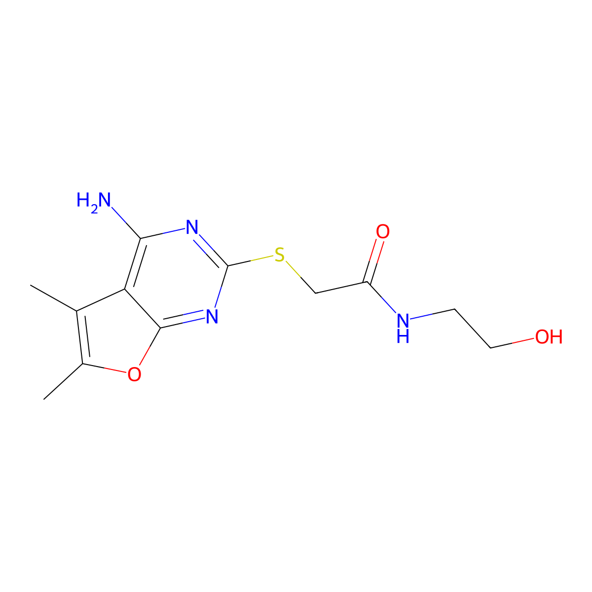2-[(4-amino-5,6-dimethylfuro[2,3-d]pyrimidin-2-yl)sulfanyl]-N-(2-hydroxyethyl)acetamide molecular structure, CAS 497081-93-3