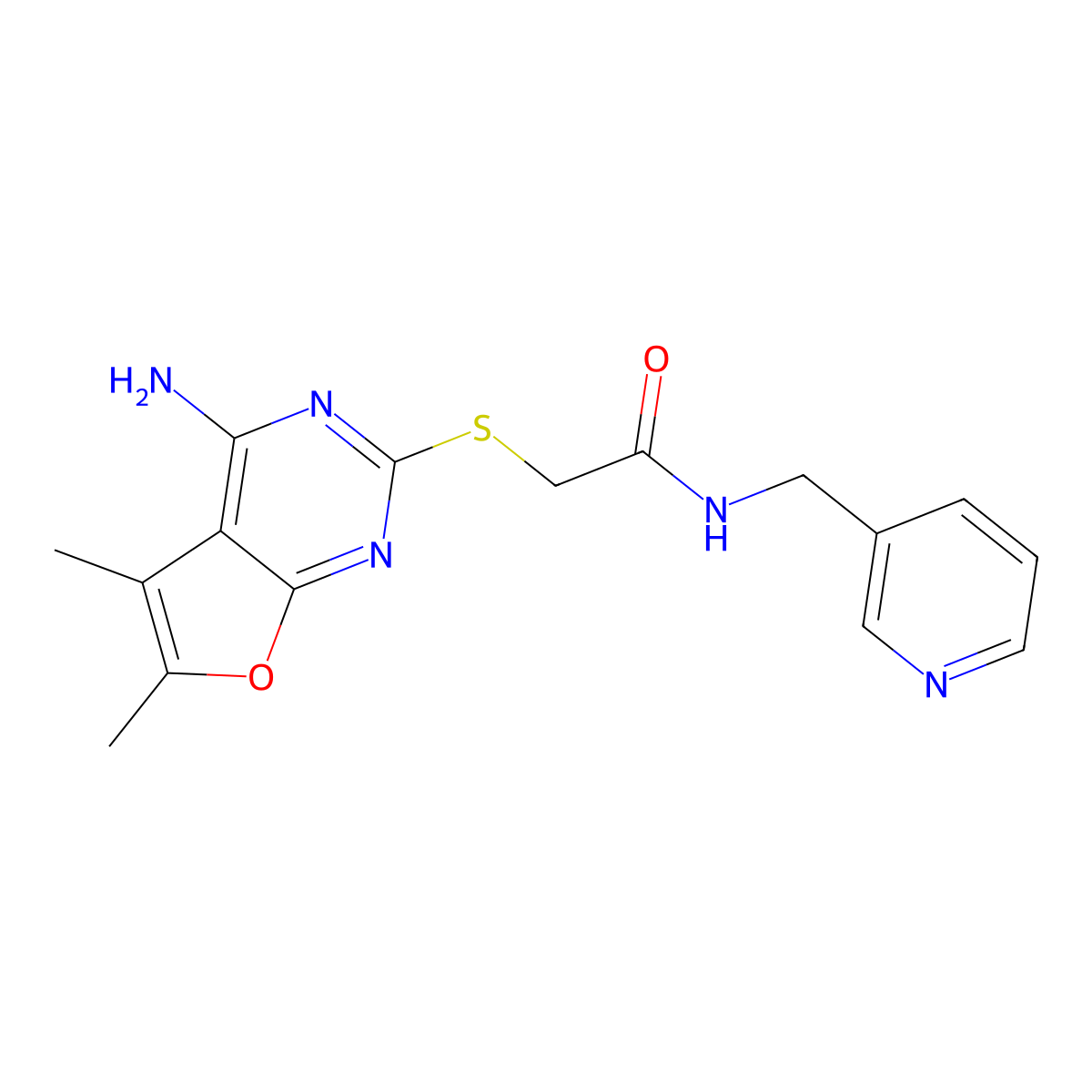 2-(4-amino-5,6-dimethylfuro[2,3-d]pyrimidin-2-yl)sulfanyl-N-(pyridin-3-ylmethyl)acetamide molecular structure, CAS 497081-94-4