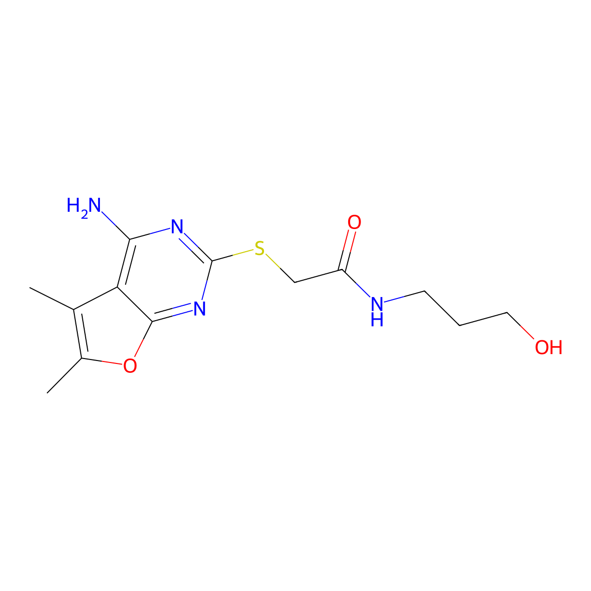2-(4-amino-5,6-dimethylfuro[2,3-d]pyrimidin-2-yl)sulfanyl-N-(3-hydroxypropyl)acetamide molecular structure, CAS 497081-95-5