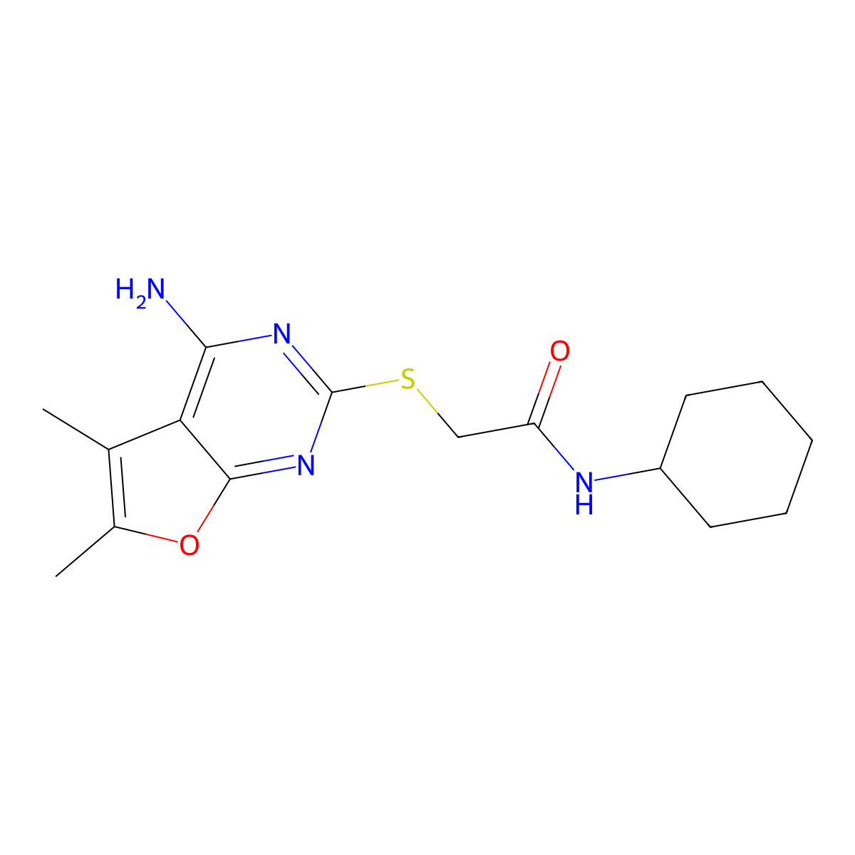 2-(4-amino-5,6-dimethylfurano[2,3-d]pyrimidin-2-ylthio)-N-cyclohexylacetamide molecular structure, CAS 497081-99-9