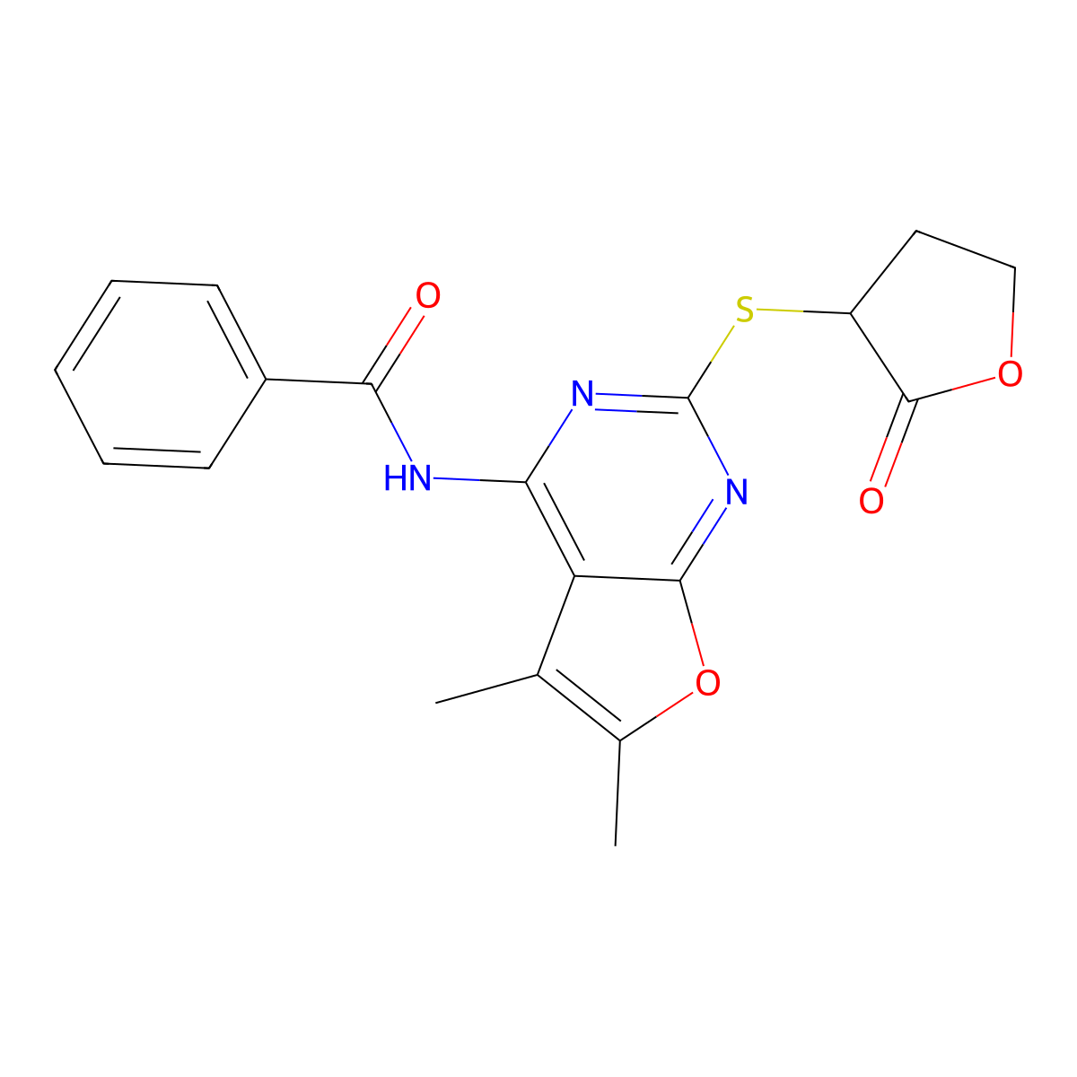 N-{5,6-dimethyl-2-[(2-oxotetrahydrofuran-3-yl)sulfanyl]furo[2,3-d]pyrimidin-4-yl}benzamide molecular structure, CAS 497082-01-6