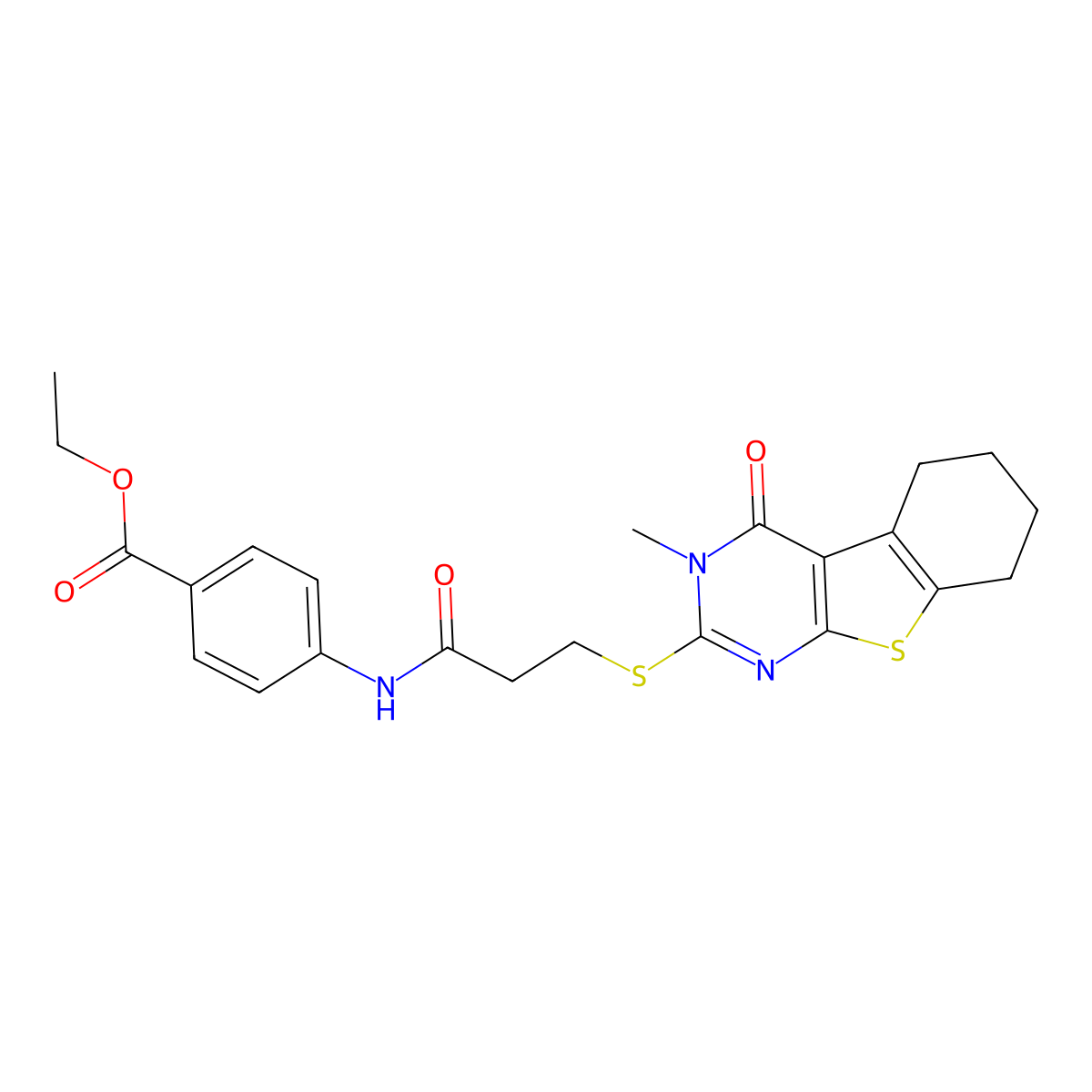 Ethyl 4-[3-[(3-methyl-4-oxo-5,6,7,8-tetrahydro-[1]benzothiolo[2,3-d]pyrimidin-2-yl)sulfanyl]propanoylamino]benzoate molecular structure, CAS 497082-07-2