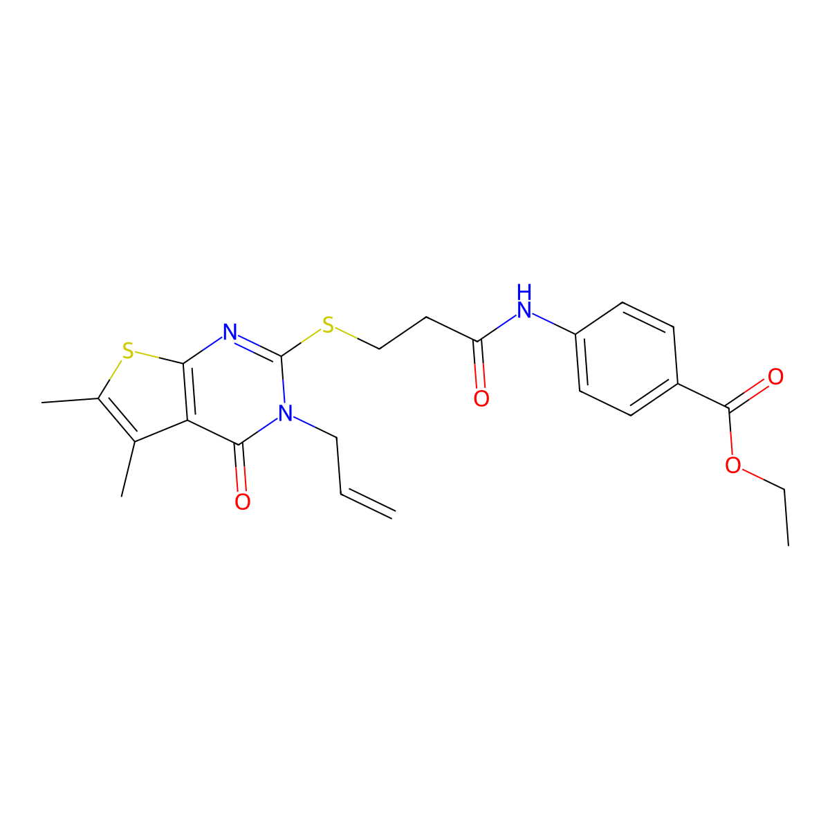 Ethyl 4-[3-(5,6-dimethyl-4-oxo-3-prop-2-enylthieno[2,3-d]pyrimidin-2-yl)sulfanylpropanoylamino]benzoate molecular structure, CAS 497082-08-3