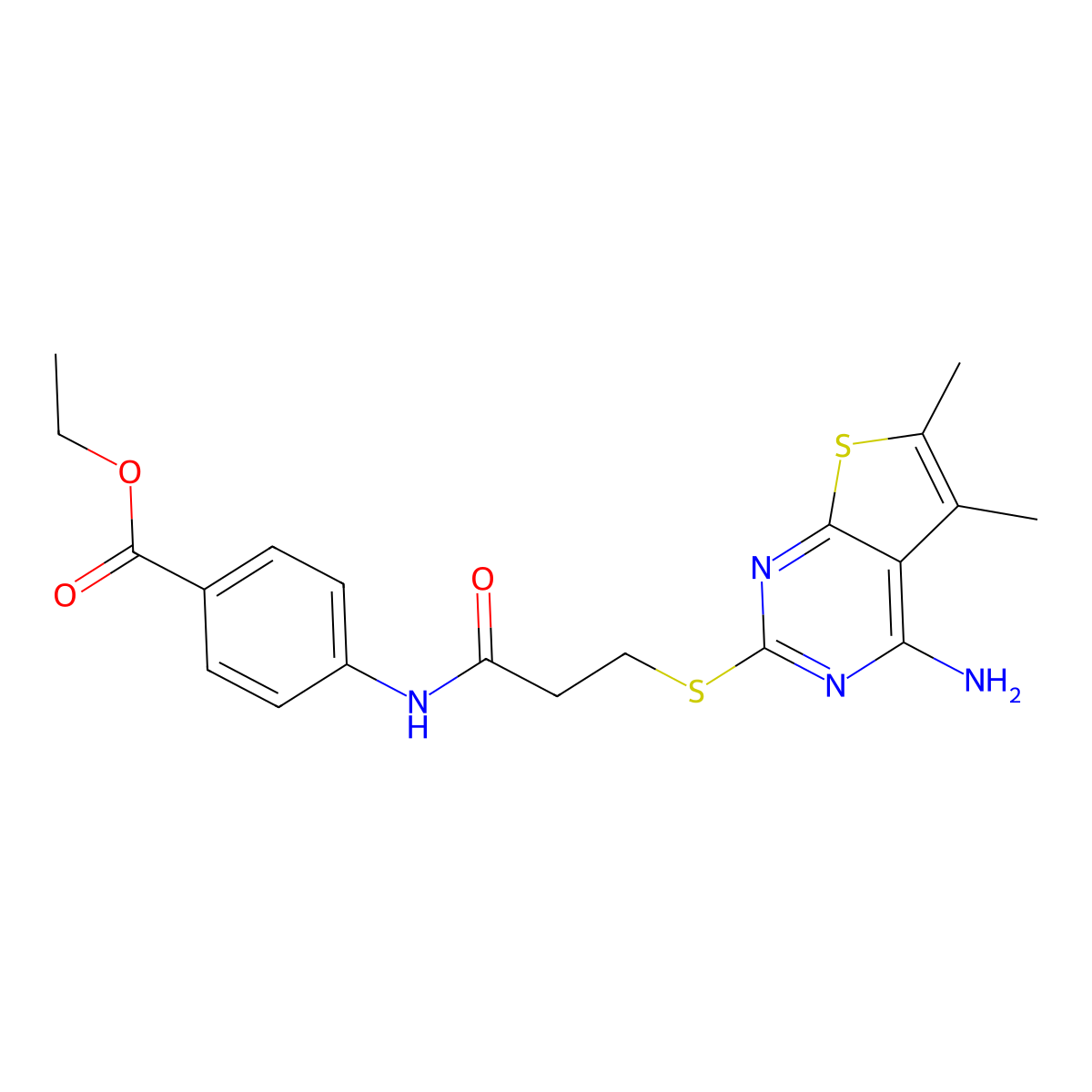 Ethyl 4-(3-((4-amino-5,6-dimethylthieno[2,3-d]pyrimidin-2-yl)thio)propanamido)benzoate molecular structure, CAS 497082-09-4