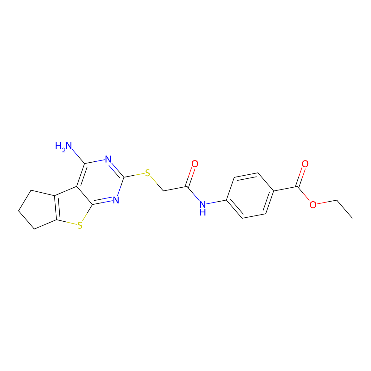 ethyl 4-({[(4-amino-6,7-dihydro-5H-cyclopenta[4,5]thieno[2,3-d]pyrimidin-2-yl)sulfanyl]acetyl}amino)benzoate molecular structure, CAS 497082-11-8