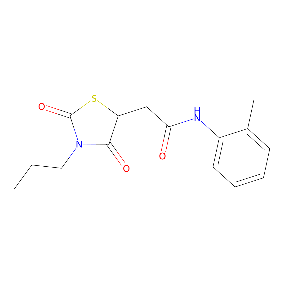 2-(2,4-Dioxo-3-propyl-thiazolidin-5-yl)-N-o-tolyl-acetamide molecular structure, CAS 497082-34-5