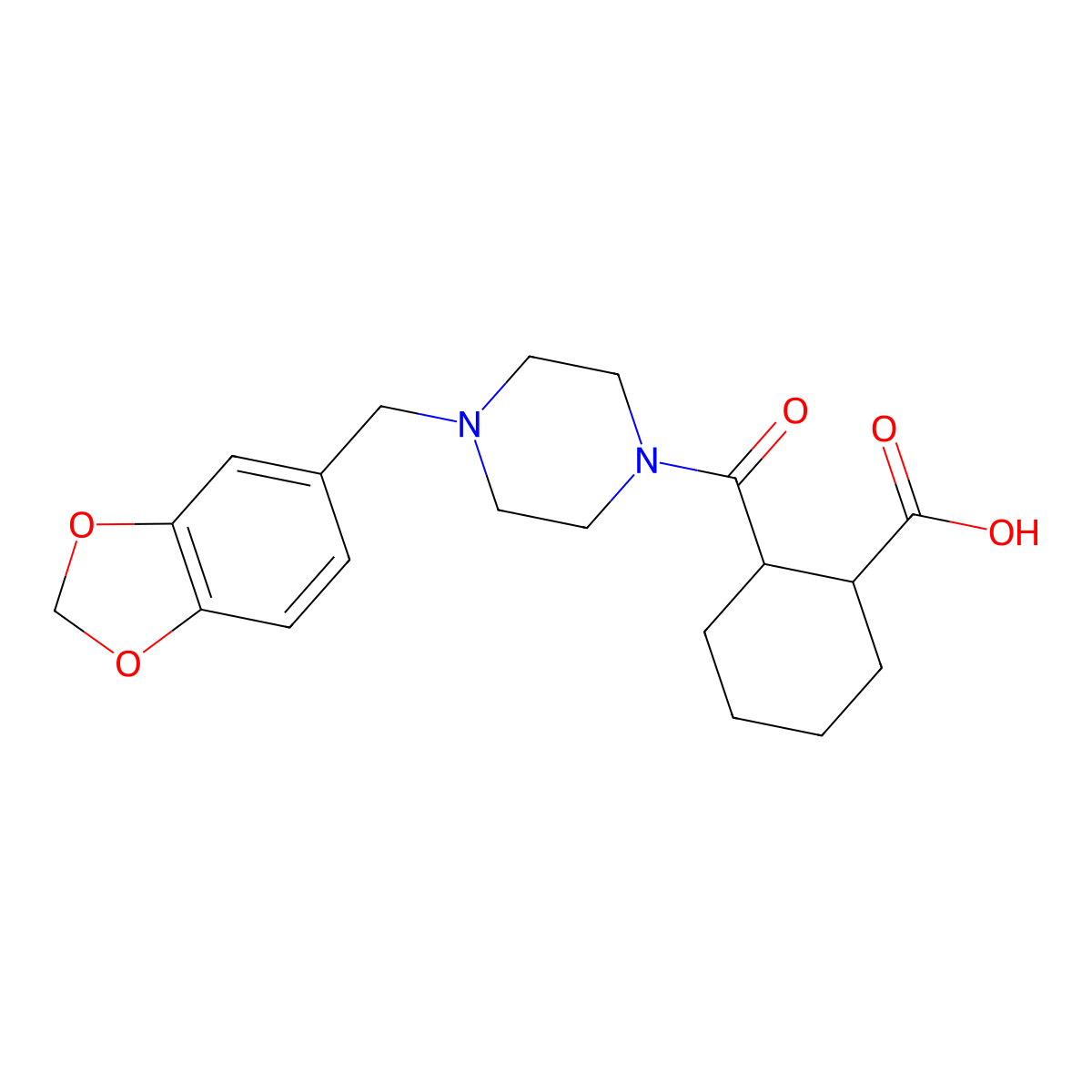 2-{[4-(1,3-Benzodioxol-5-ylmethyl)piperazino]carbonyl}cyclohexanecarboxylic acid molecular structure, CAS 497083-19-9