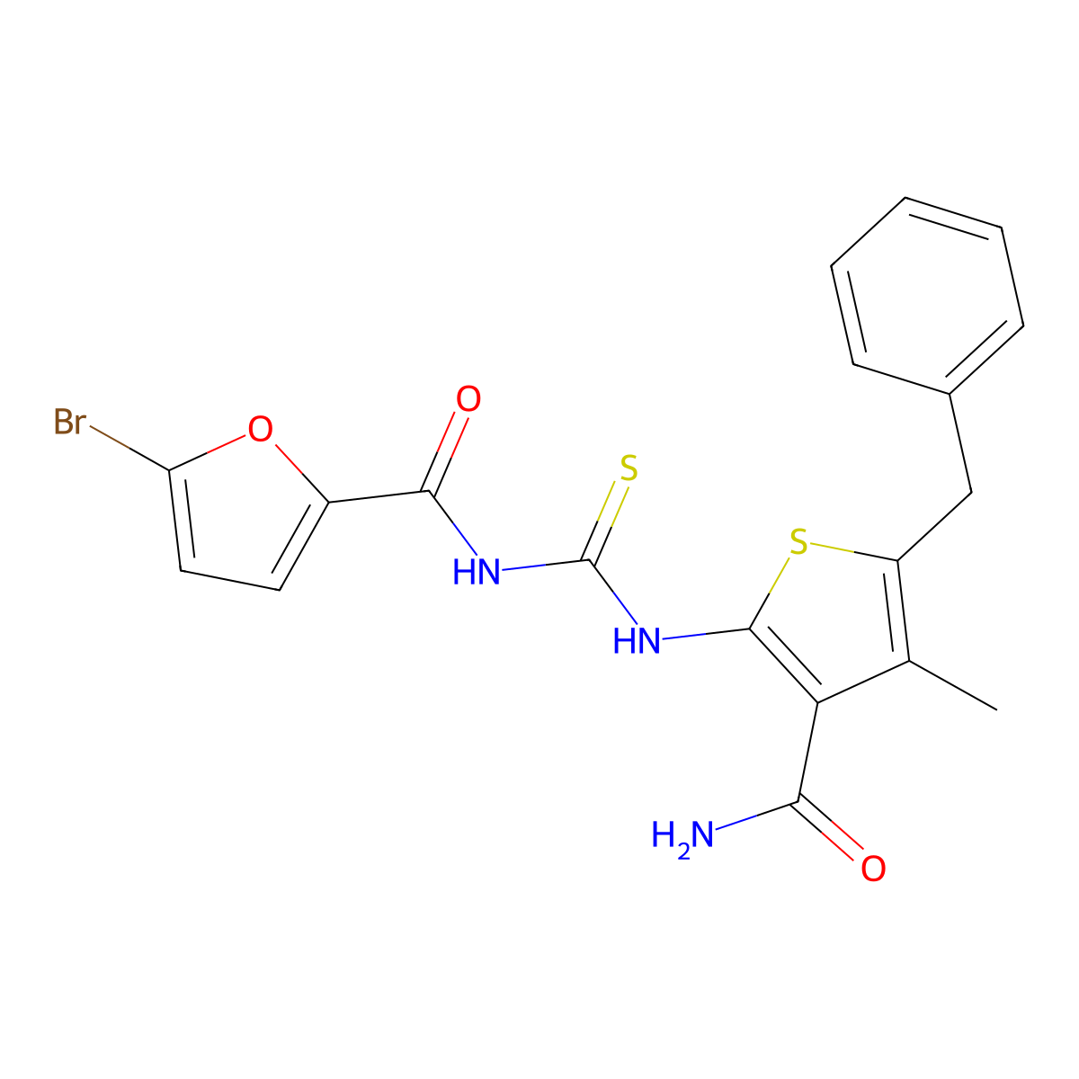 N-[(5-benzyl-3-carbamoyl-4-methylthiophen-2-yl)carbamothioyl]-5-bromofuran-2-carboxamide molecular structure, CAS 497091-47-1