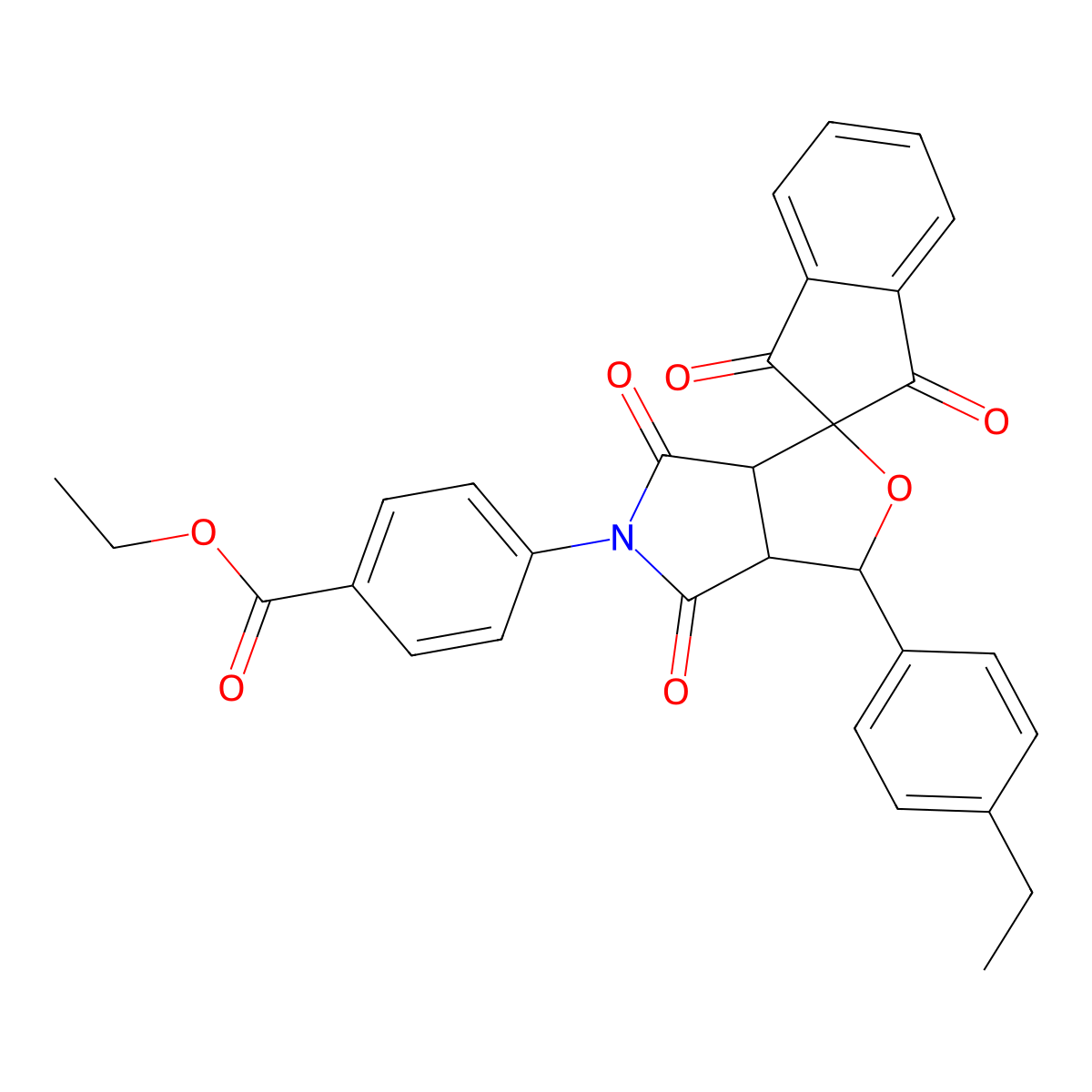 Ethyl 4-[4-(4-ethylphenyl)-1,3,9,11-tetraoxospiro[2,4,5,6,3a,6a-hexahydro-5-ox a-2-azapentalene-6,2'-2-hydrocyclopenta[1,2-a]benzene]-2-yl]benzoate molecular structure, CAS 497172-08-4
