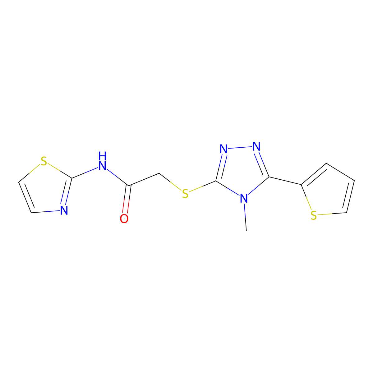 2-[(4-methyl-5-thiophen-2-yl-1,2,4-triazol-3-yl)sulfanyl]-N-(1,3-thiazol-2-yl)acetamide molecular structure, CAS 497174-95-5