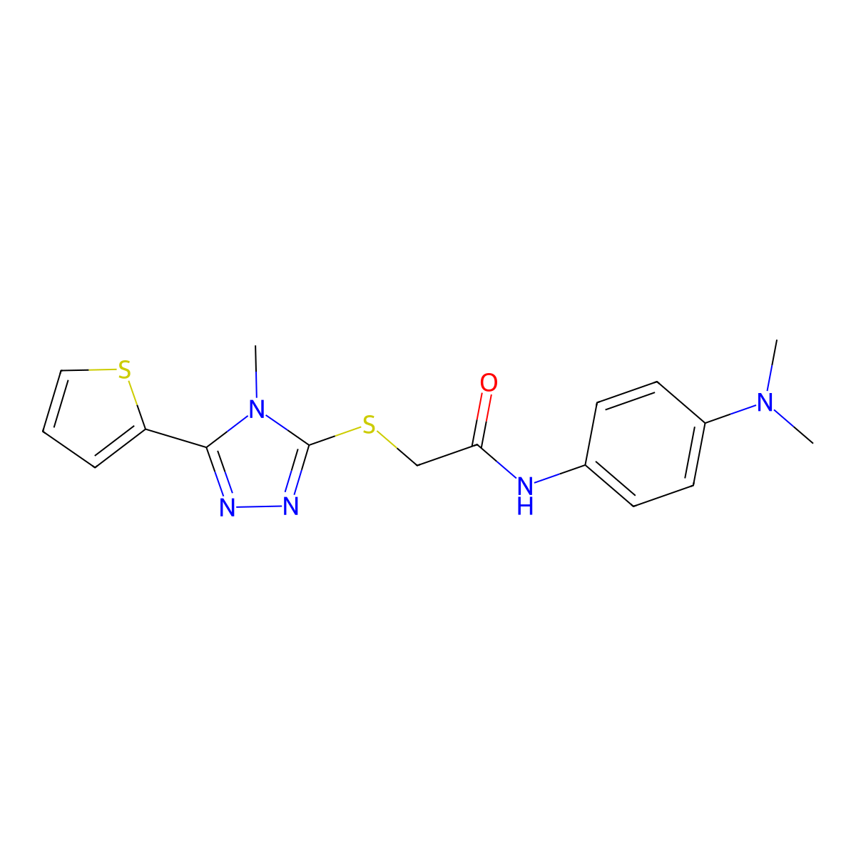 N-[4-(dimethylamino)phenyl]-2-{[4-methyl-5-(thiophen-2-yl)-4H-1,2,4-triazol-3-yl]sulfanyl}acetamide molecular structure, CAS 497175-00-5