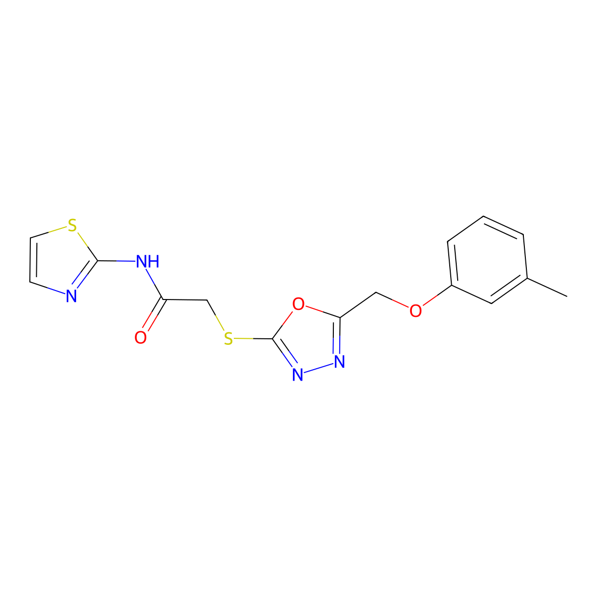 2-({5-[(3-methylphenoxy)methyl]-1,3,4-oxadiazol-2-yl}sulfanyl)-N-(1,3-thiazol-2-yl)acetamide molecular structure, CAS 497225-96-4