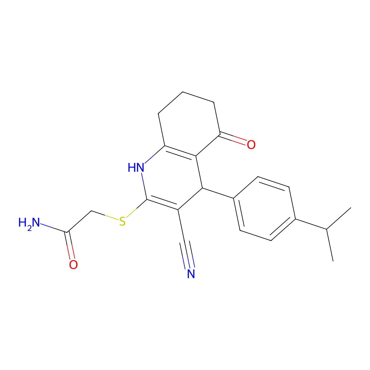 2-[[3-cyano-5-oxo-4-(4-propan-2-ylphenyl)-4,6,7,8-tetrahydro-1H-quinolin-2-yl]sulfanyl]acetamide molecular structure, CAS 497228-49-6