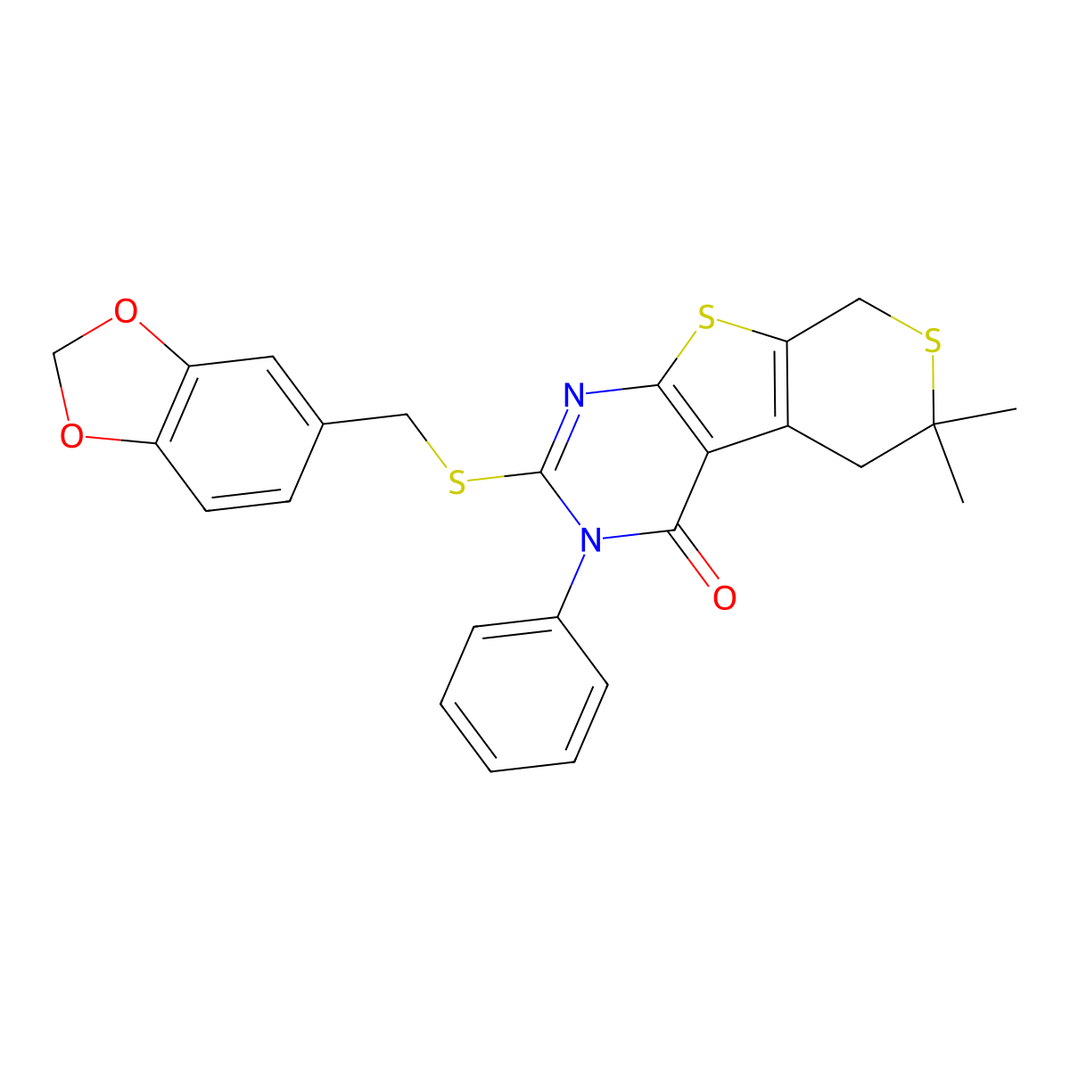 2-[(1,3-benzodioxol-5-ylmethyl)sulfanyl]-6,6-dimethyl-3-phenyl-3,5,6,8-tetrahydro-4H-thiopyrano[4',3':4,5]thieno[2,3-d]pyrimidin-4-one molecular structure, CAS 497228-61-2