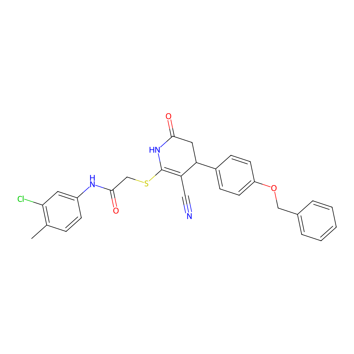 N-(3-chloro-4-methylphenyl)-2-[[5-cyano-2-oxo-4-(4-phenylmethoxyphenyl)-3,4-dihydro-1H-pyridin-6-yl]sulfanyl]acetamide molecular structure, CAS 497228-64-5