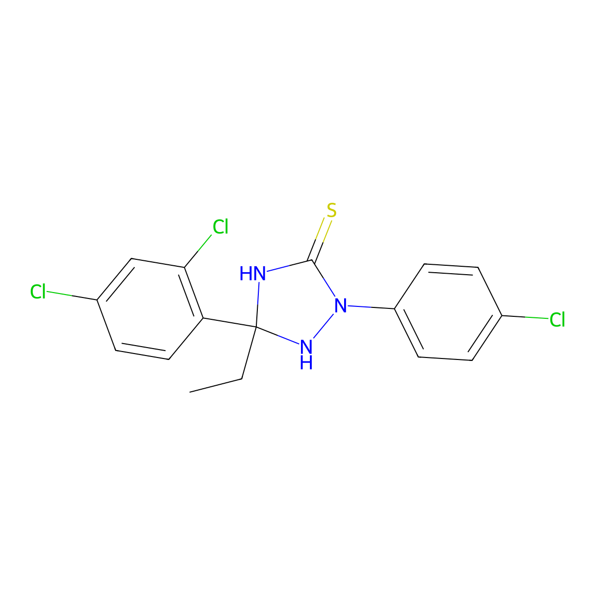2-(4-Chlorophenyl)-5-(2,4-dichlorophenyl)-5-ethyl-1,2,4-triazolidine-3-thione molecular structure, CAS 497228-71-4