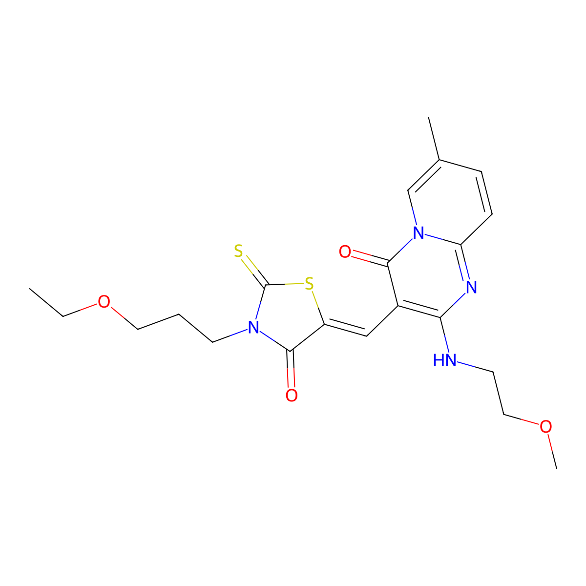 3-[[3-(3-Ethoxypropyl)-4-oxo-2-thioxo-5-thiazolidinylidene]methyl]-2-[(2-methoxyethyl)amino]-7-methyl-4H-pyrido[1,2-a]pyrimidin-4-one molecular structure, CAS 497228-79-2