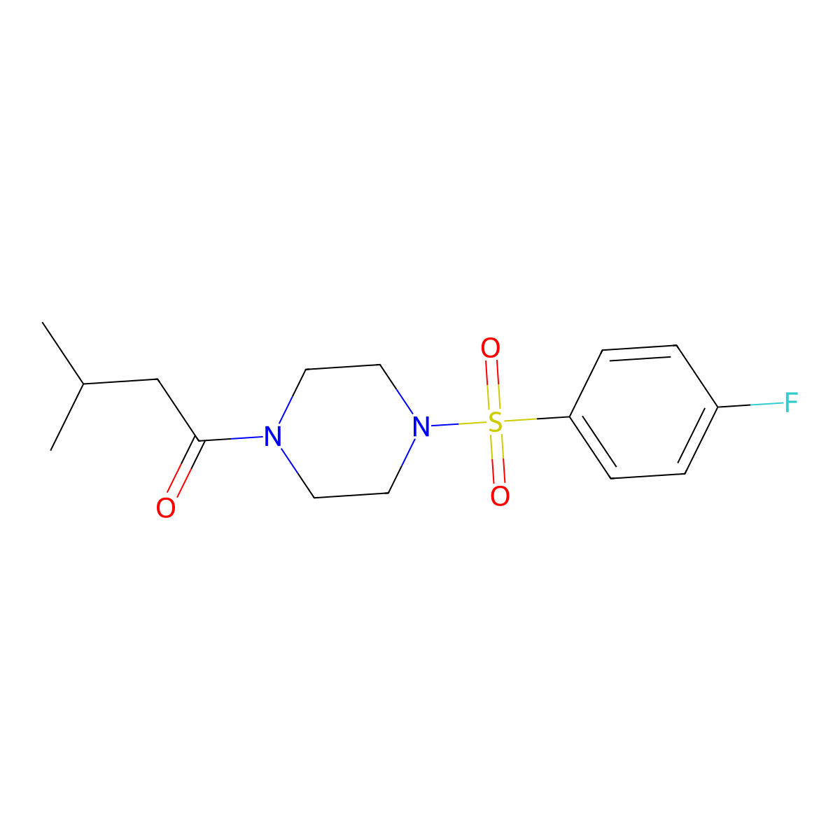 1-[4-(4-Fluorophenyl)sulfonylpiperazin-1-yl]-3-methylbutan-1-one molecular structure, CAS 497229-32-0