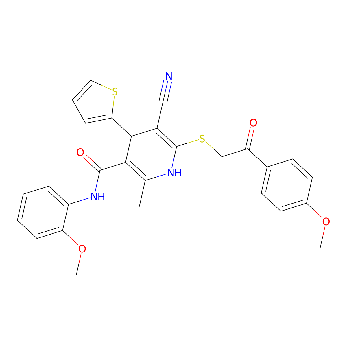 5-cyano-N-(2-methoxyphenyl)-6-((2-(4-methoxyphenyl)-2-oxoethyl)thio)-2-methyl-4-(thiophen-2-yl)-1,4-dihydropyridine-3-carboxamide molecular structure, CAS 497229-37-5