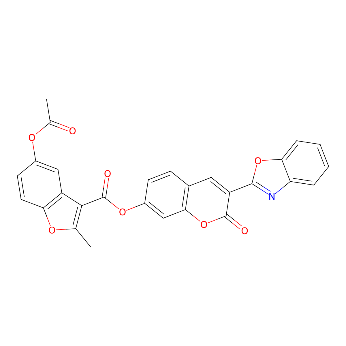 [3-(1,3-Benzoxazol-2-yl)-2-oxochromen-7-yl] 5-acetyloxy-2-methyl-1-benzofuran-3-carboxylate molecular structure, CAS 497229-73-9