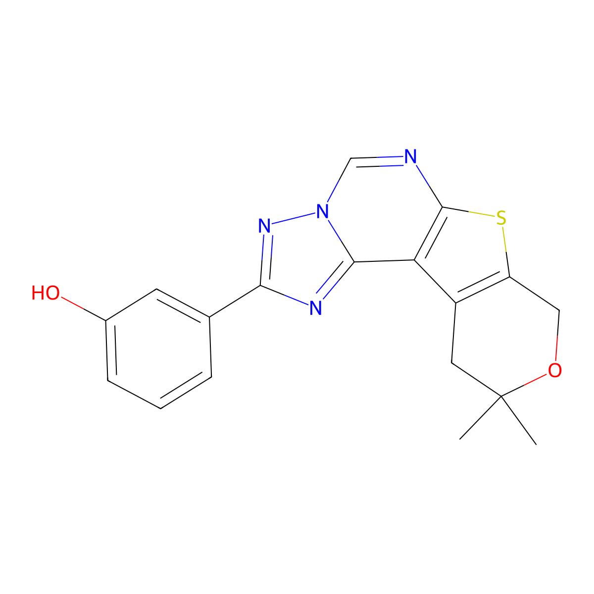 3-(10,10-dimethyl-10,11-dihydro-8H-pyrano[4',3':4,5]thieno[3,2-e][1,2,4]triazolo[1,5-c]pyrimidin-2-yl)phenol molecular structure, CAS 497230-03-2
