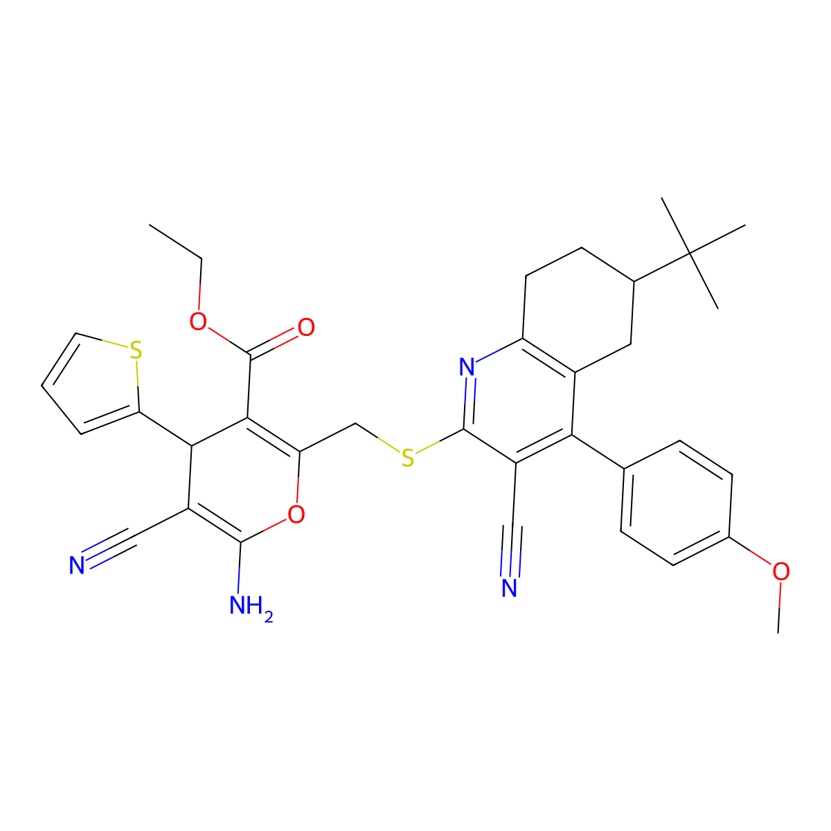 ethyl 6-amino-2-({[6-tert-butyl-3-cyano-4-(4-methoxyphenyl)-5,6,7,8-tetrahydroquinolin-2-yl]sulfanyl}methyl)-5-cyano-4-(thiophen-2-yl)-4H-pyran-3-carboxylate molecular structure, CAS 497230-56-5