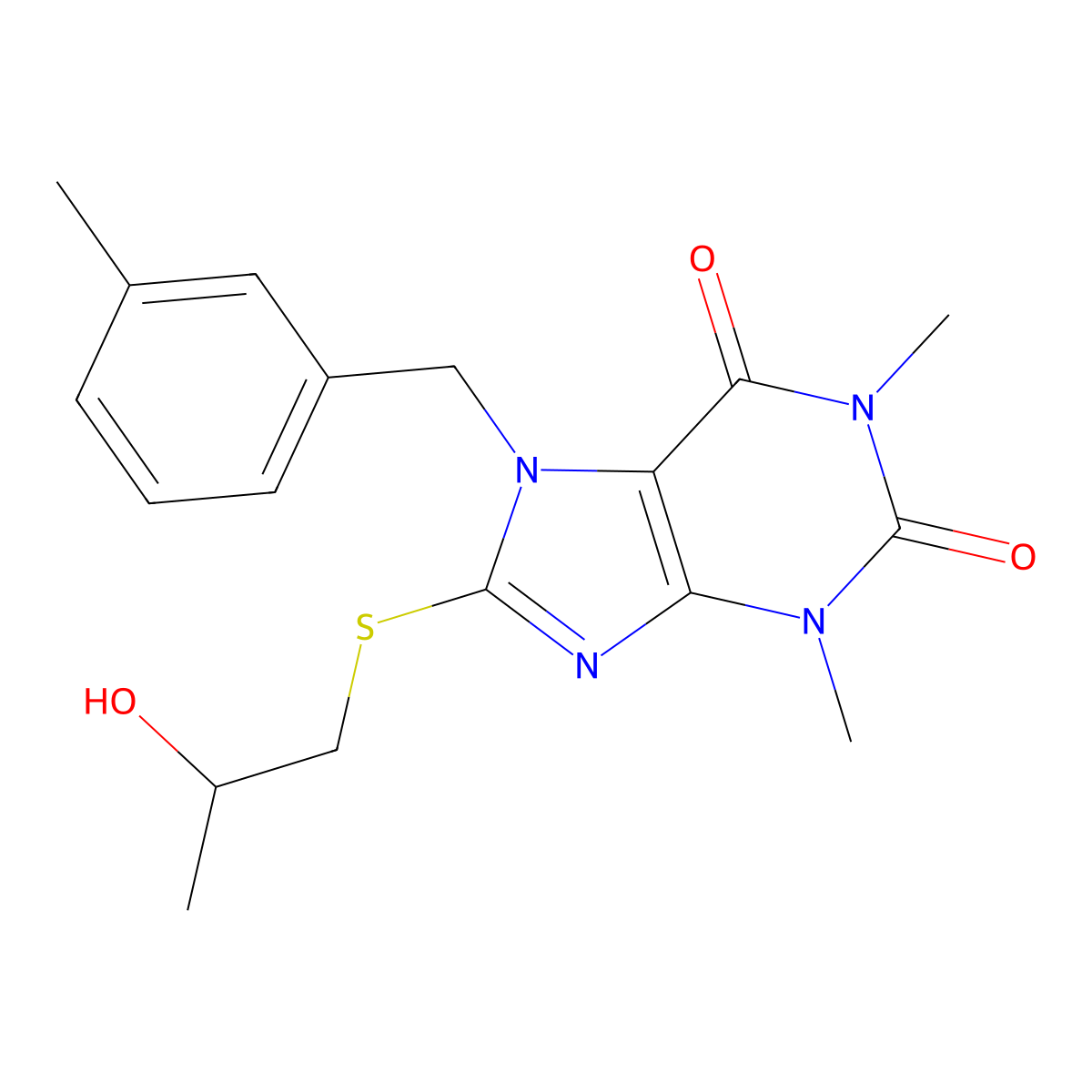 8-((2-hydroxypropyl)thio)-1,3-dimethyl-7-(3-methylbenzyl)-1H-purine-2,6(3H,7H)-dione molecular structure, CAS 497231-03-5