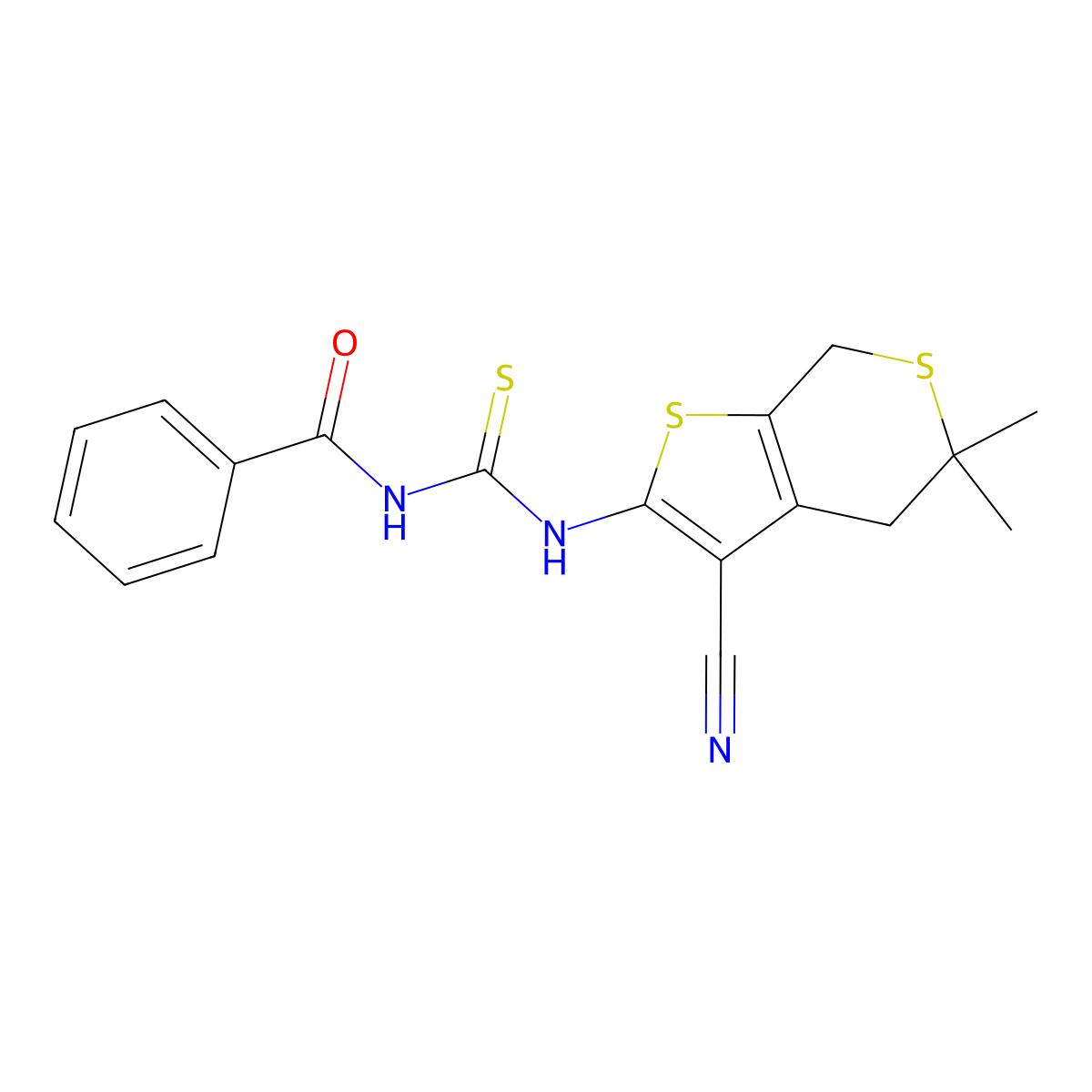 N-[(3-cyano-5,5-dimethyl-4,7-dihydrothieno[2,3-c]thiopyran-2-yl)carbamothioyl]benzamide molecular structure, CAS 497231-23-9