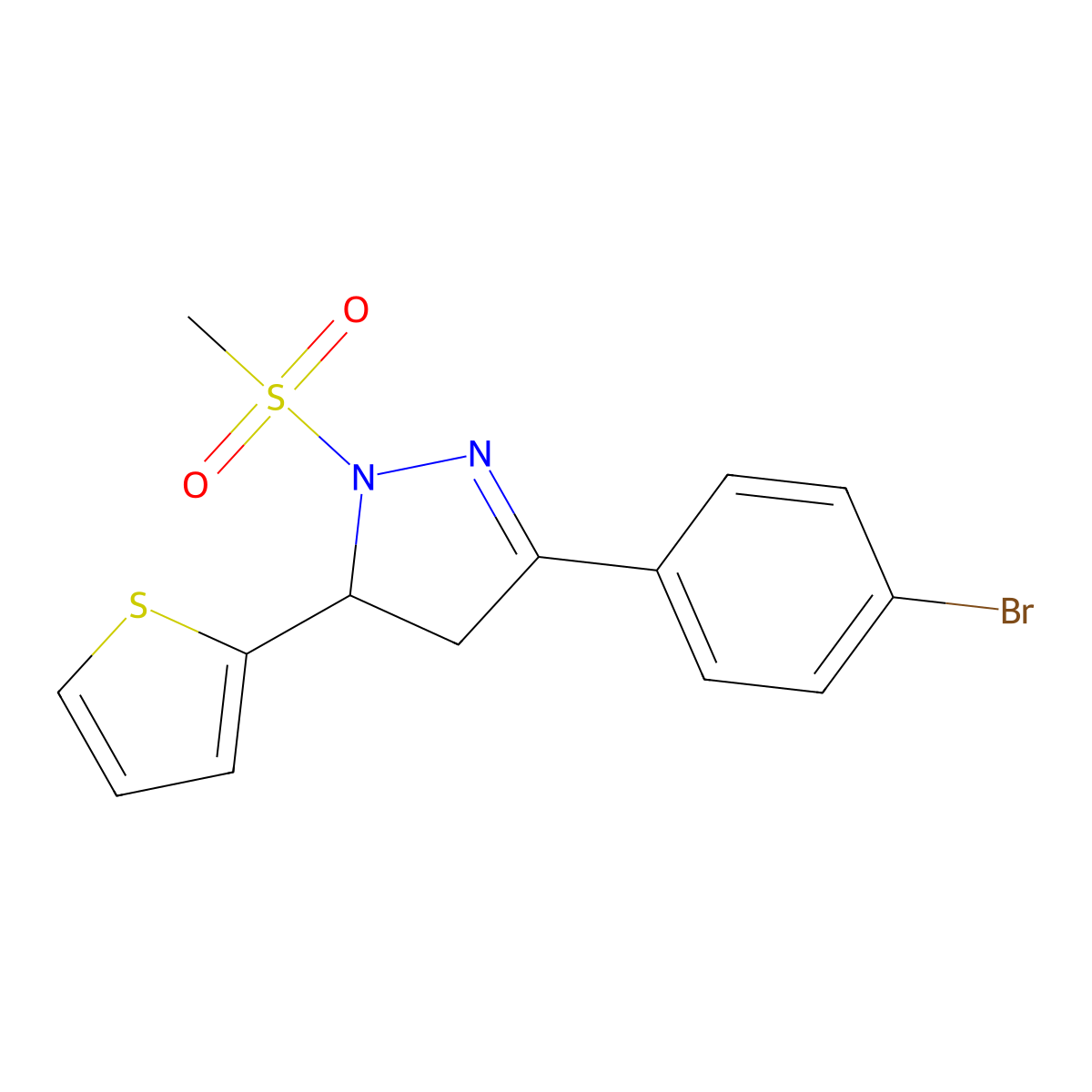 3-(4-bromophenyl)-1-(methylsulfonyl)-5-(2-thienyl)-4,5-dihydro-1H-pyrazole molecular structure, CAS 497232-12-9