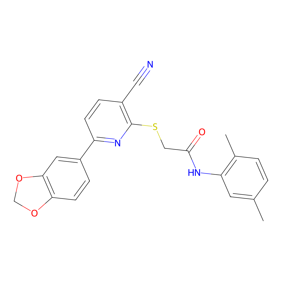 2-[6-(1,3-benzodioxol-5-yl)-3-cyanopyridin-2-yl]sulfanyl-N-(2,5-dimethylphenyl)acetamide molecular structure, CAS 497240-42-3