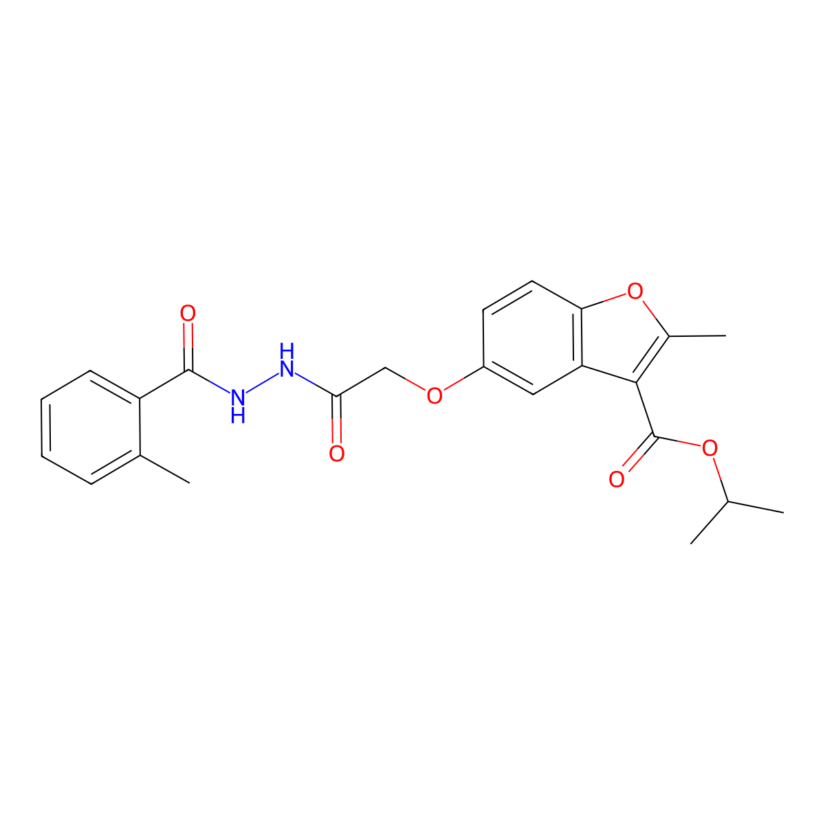 Isopropyl 2-methyl-5-(2-(2-(2-methylbenzoyl)hydrazinyl)-2-oxoethoxy)benzofuran-3-carboxylate molecular structure, CAS 497241-44-8