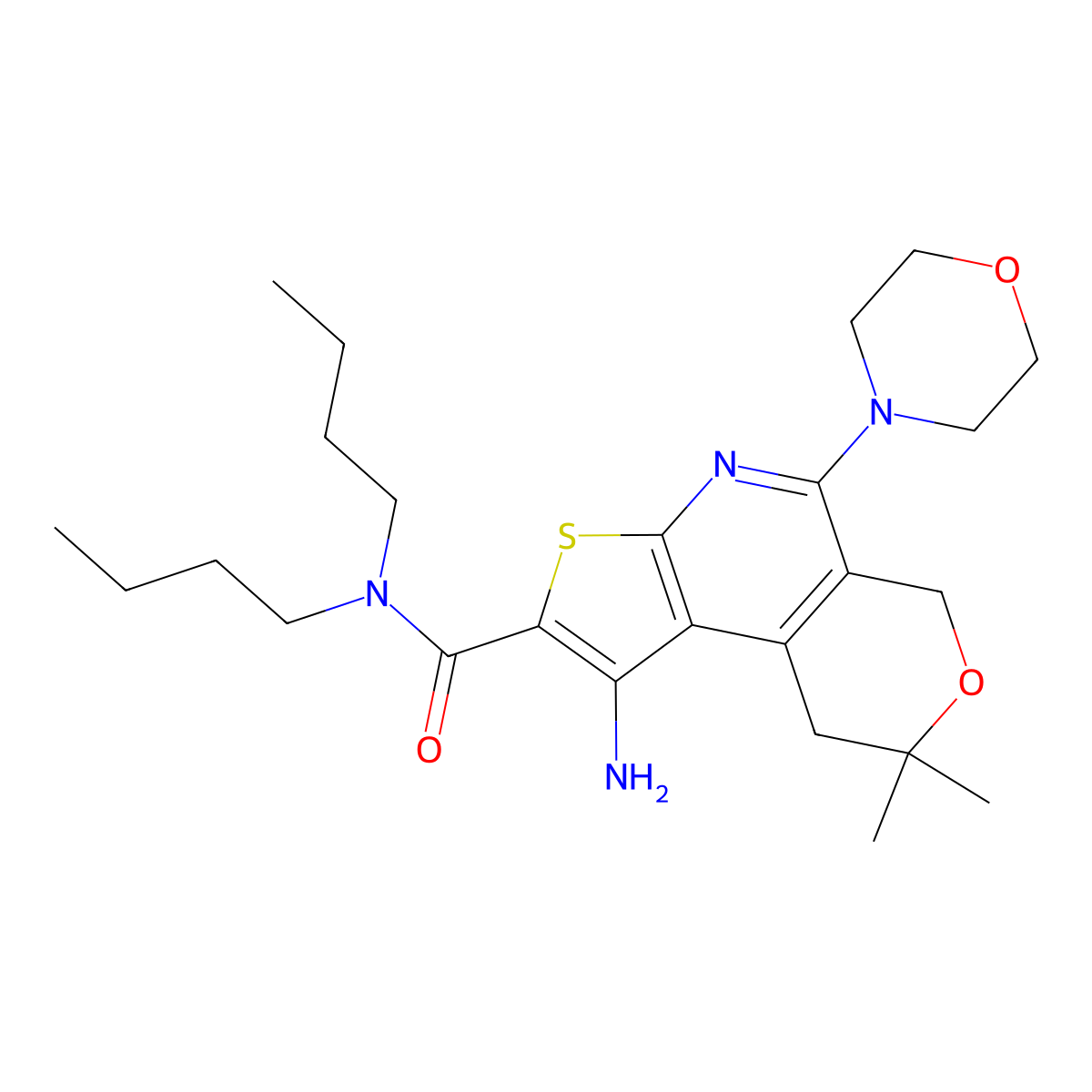 1-amino-N,N-dibutyl-8,8-dimethyl-5-morpholino-8,9-dihydro-6H-pyrano[4,3-d]thieno[2,3-b]pyridine-2-carboxamide molecular structure, CAS 497241-66-4