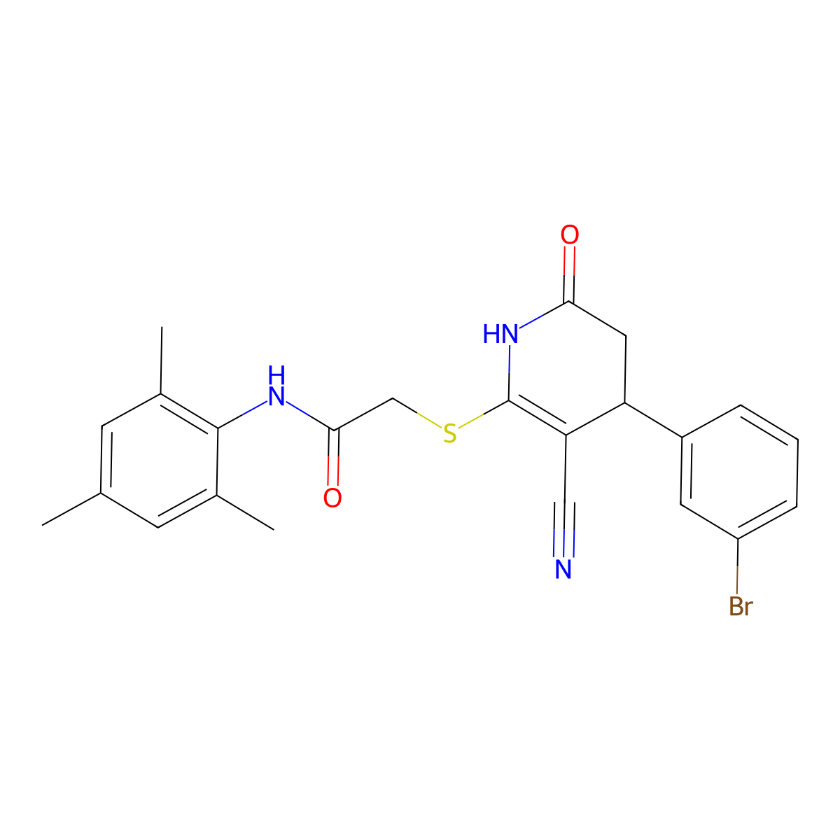 2-[[4-(3-bromophenyl)-5-cyano-2-oxo-3,4-dihydro-1H-pyridin-6-yl]sulfanyl]-N-(2,4,6-trimethylphenyl)acetamide molecular structure, CAS 497241-67-5