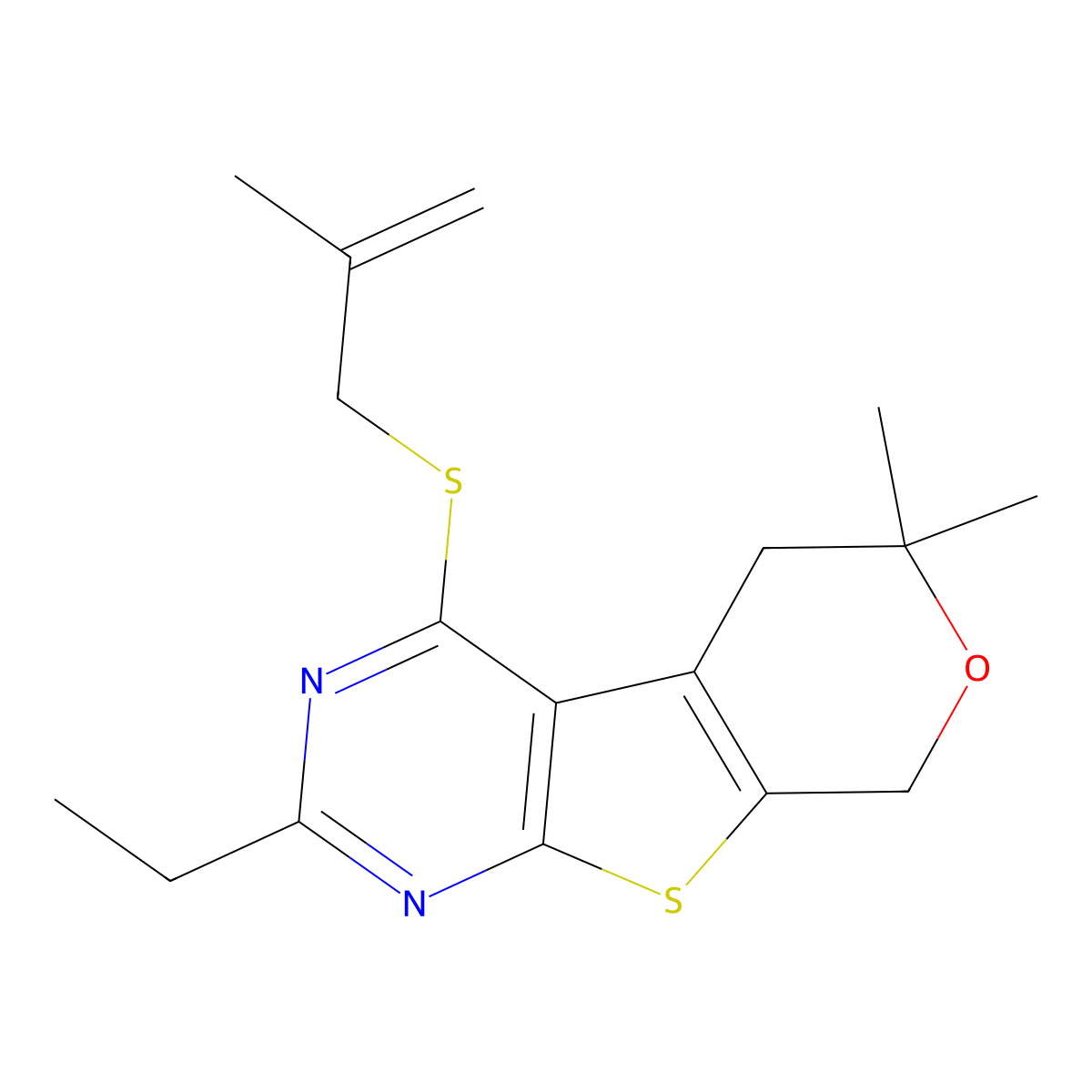 2-Ethyl-6,6-dimethyl-4-(2-methylprop-2-enylsulfanyl)-5,8-dihydropyrano[2,3]thieno[2,4-d]pyrimidine molecular structure, CAS 497241-91-5