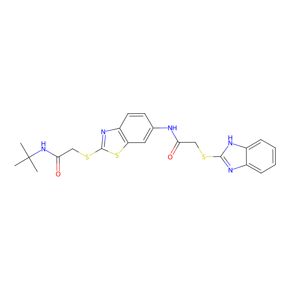 2-(1H-benzimidazol-2-ylsulfanyl)-N-(2-{[2-(tert-butylamino)-2-oxoethyl]sulfanyl}-1,3-benzothiazol-6-yl)acetamide molecular structure, CAS 497241-99-3