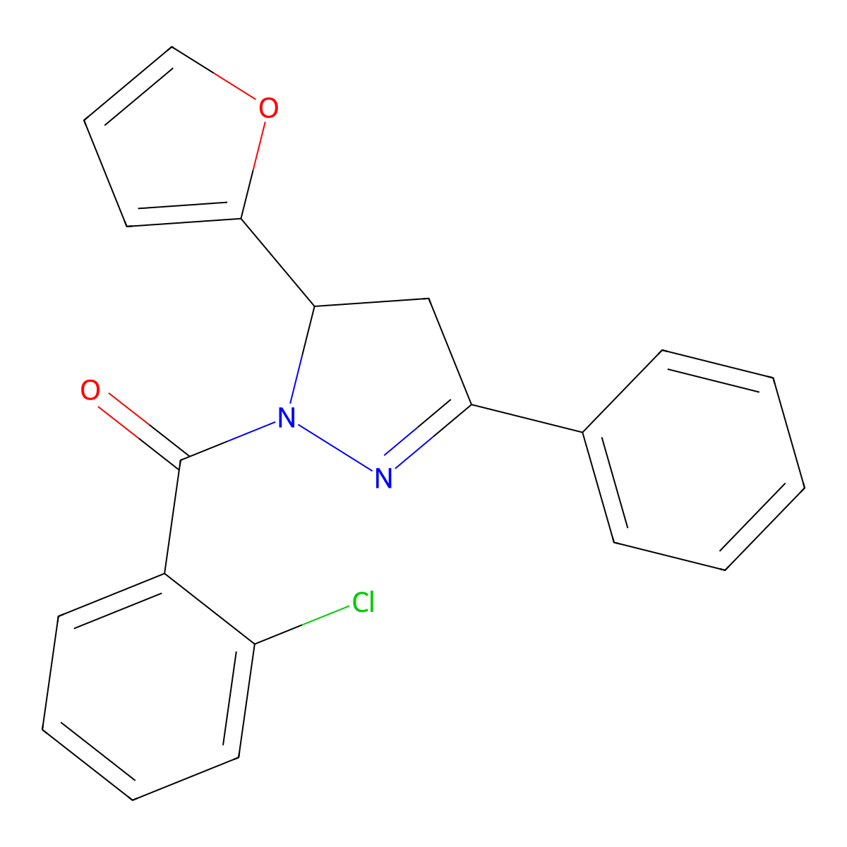 (2-Chlorophenyl)-[3-(furan-2-yl)-5-phenyl-3,4-dihydropyrazol-2-yl]methanone molecular structure, CAS 497242-02-1