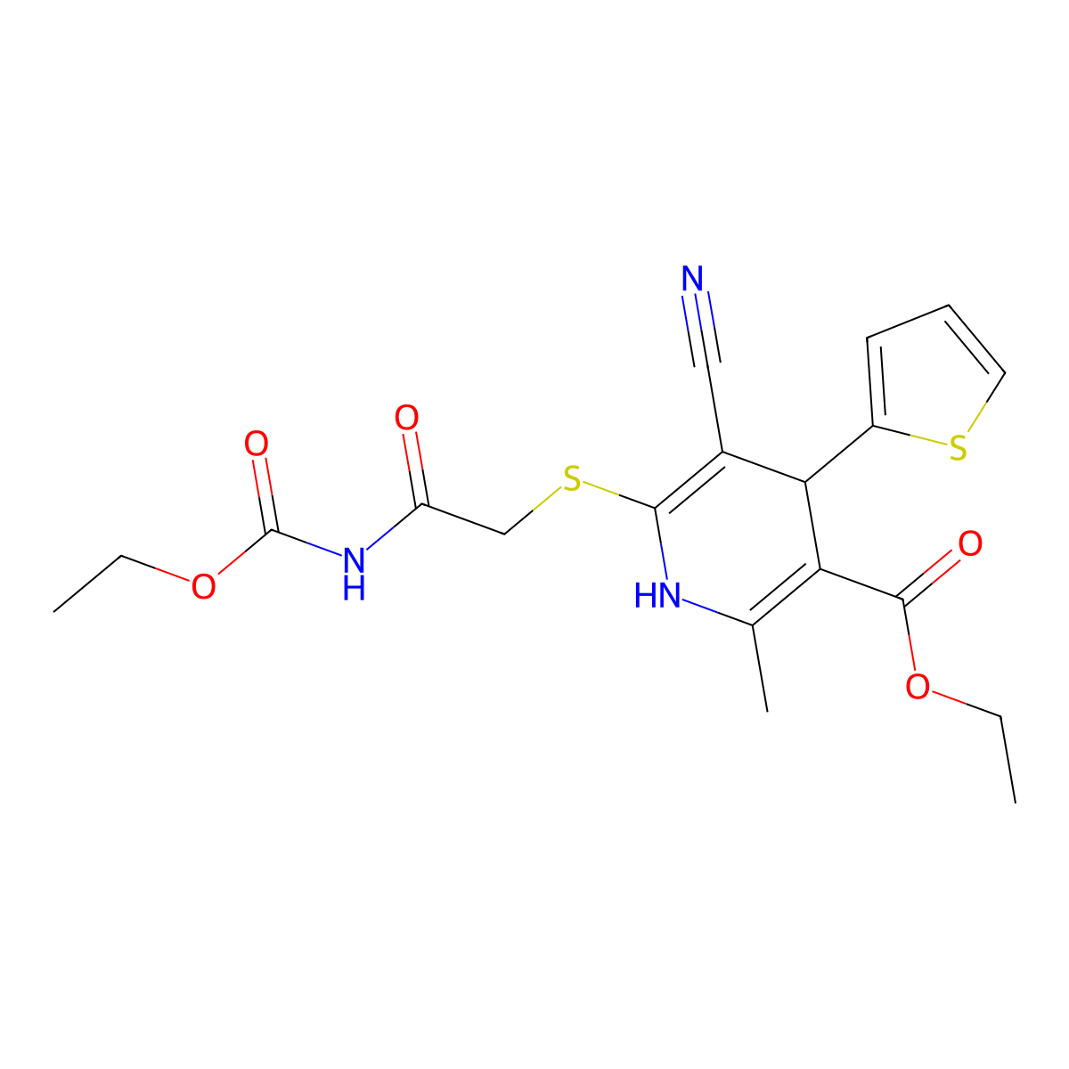 Ethyl 5-cyano-6-({2-[(ethoxycarbonyl)amino]-2-oxoethyl}sulfanyl)-2-methyl-4-(thiophen-2-yl)-1,4-dihydropyridine-3-carboxylate molecular structure, CAS 497242-35-0