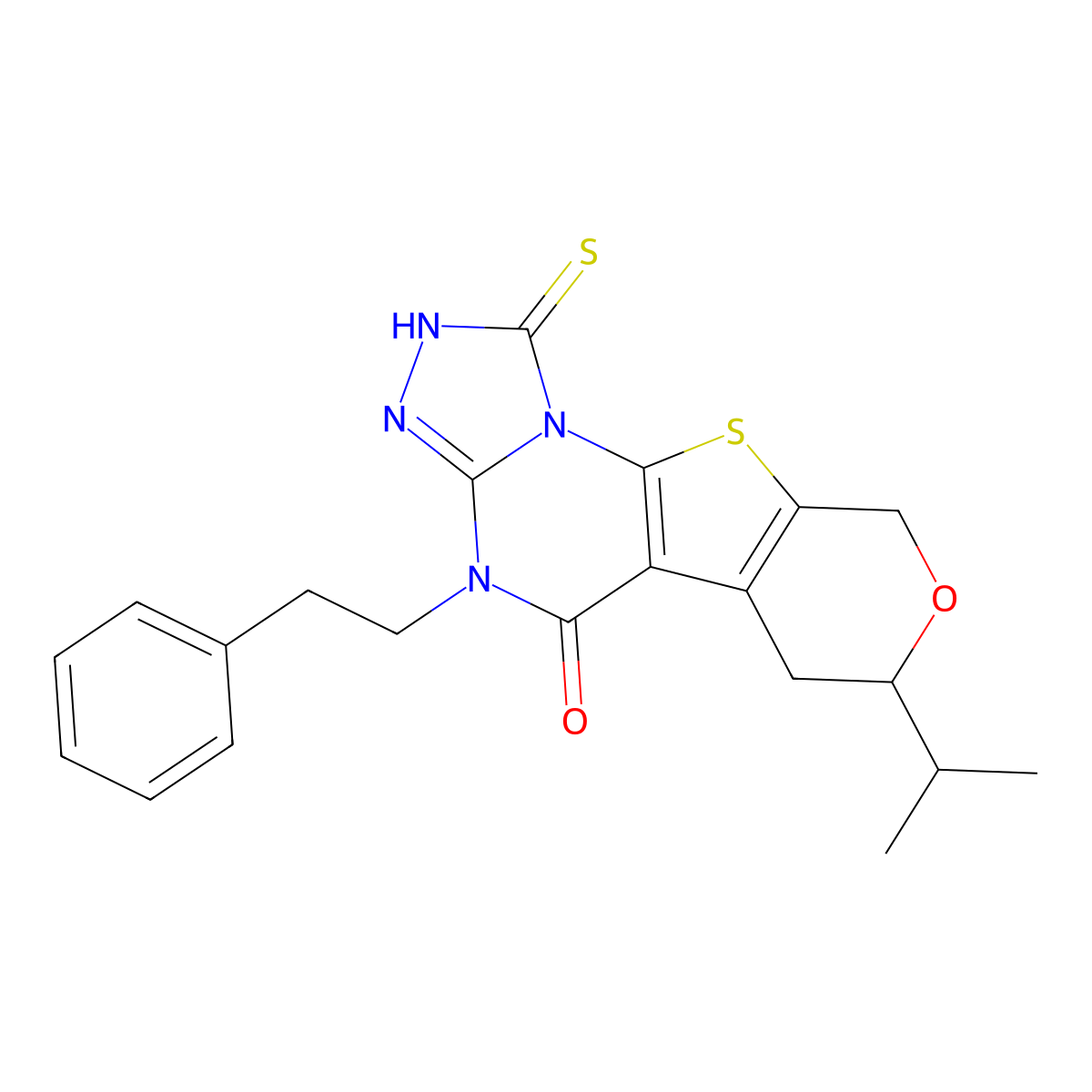 7-isopropyl-1-mercapto-4-phenethyl-6,7-dihydro-4H-pyrano[4',3':4,5]thieno[3,2-e][1,2,4]triazolo[4,3-a]pyrimidin-5(9H)-one molecular structure, CAS 497242-95-2