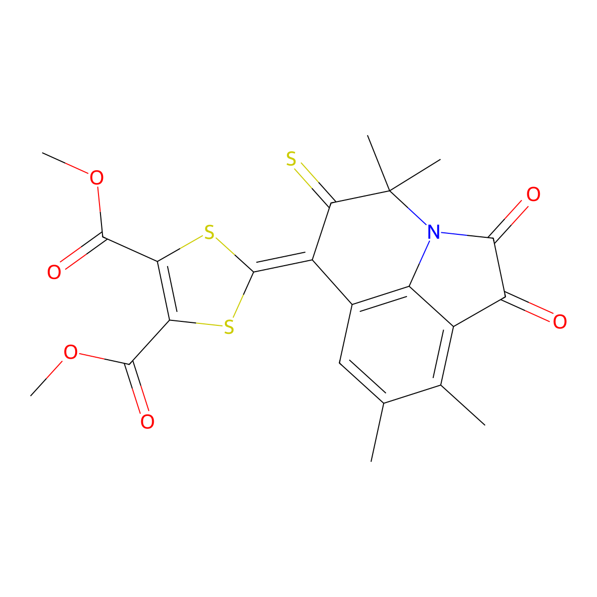 dimethyl 2-(4,4,8,9-tetramethyl-1,2-dioxo-5-thioxo-1,2,4,5-tetrahydro-6H-pyrrolo[3,2,1-ij]quinolin-6-ylidene)-1,3-dithiole-4,5-dicarboxylate molecular structure, CAS 497243-98-8