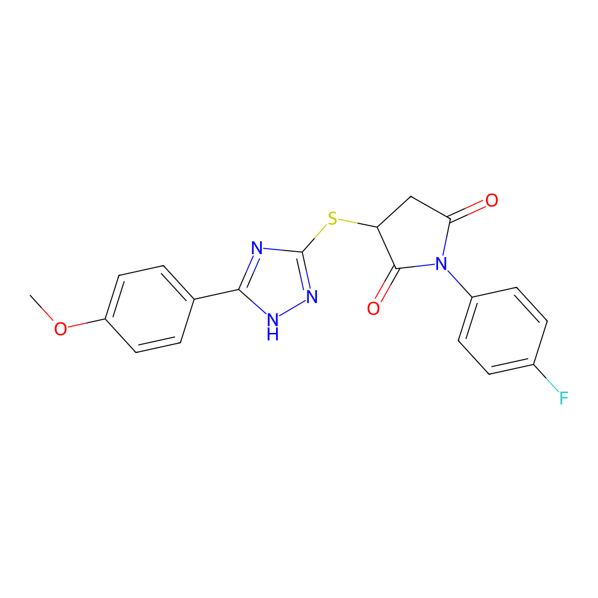 1-(4-fluorophenyl)-3-{[5-(4-methoxyphenyl)-4H-1,2,4-triazol-3-yl]sulfanyl}pyrrolidine-2,5-dione molecular structure, CAS 497244-93-6