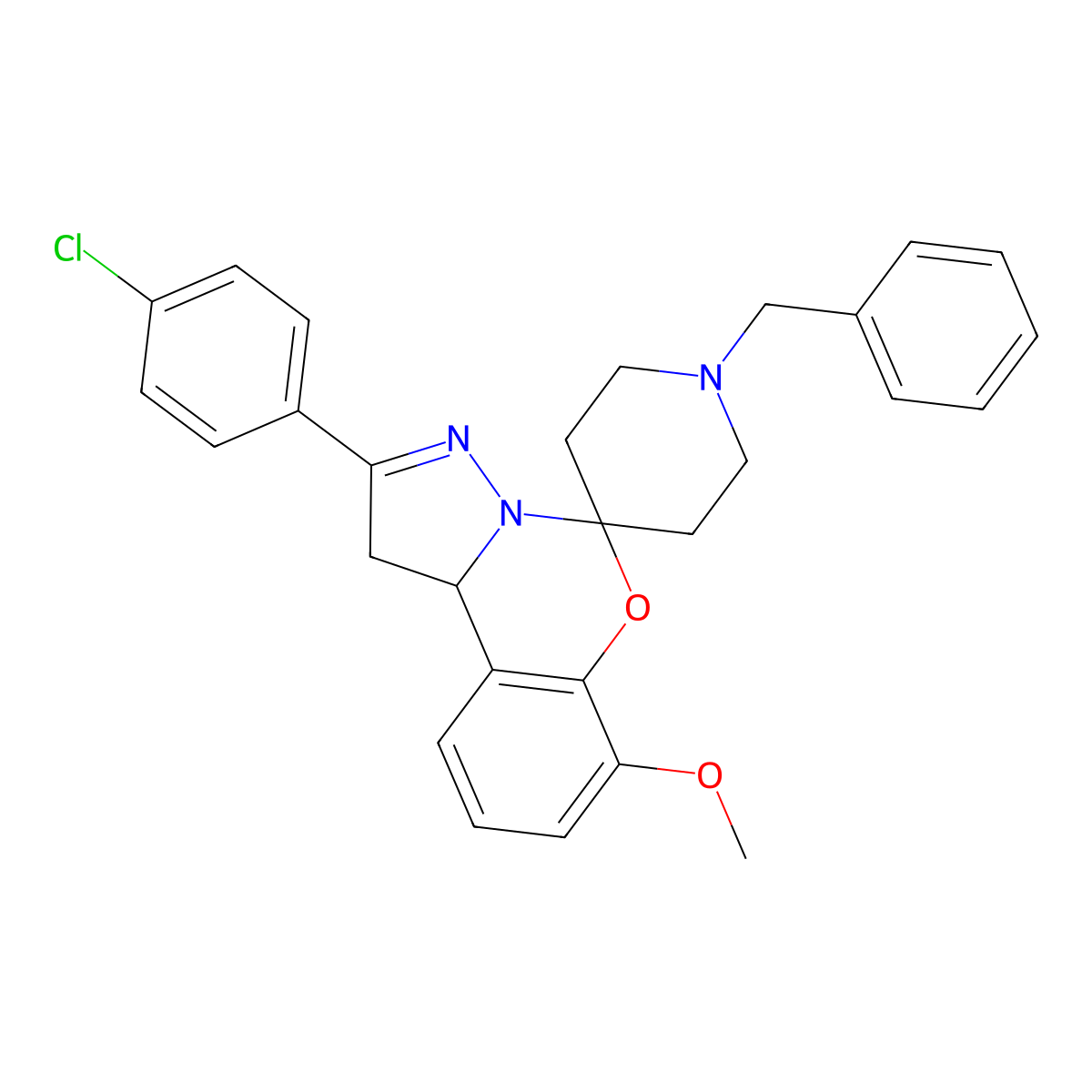 1-Benzyl-2'-(4-chlorophenyl)-7'-methoxy-1',10b'-dihydrospiro[piperidine-4,5'-pyrazolo[1,5-c][1,3]benzoxazine] molecular structure, CAS 497245-14-4