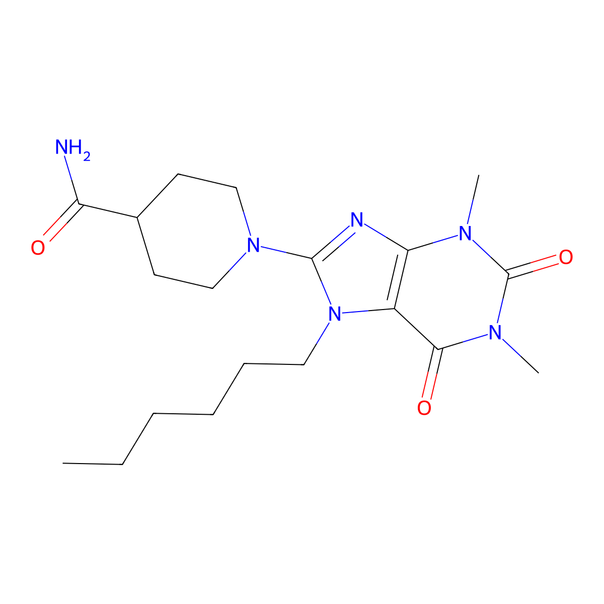 1-(7-Hexyl-1,3-dimethyl-2,6-dioxo-2,3,6,7-tetrahydro-1H-purin-8-yl)-piperidine-4-carboxylic acid amide molecular structure, CAS 497246-68-1