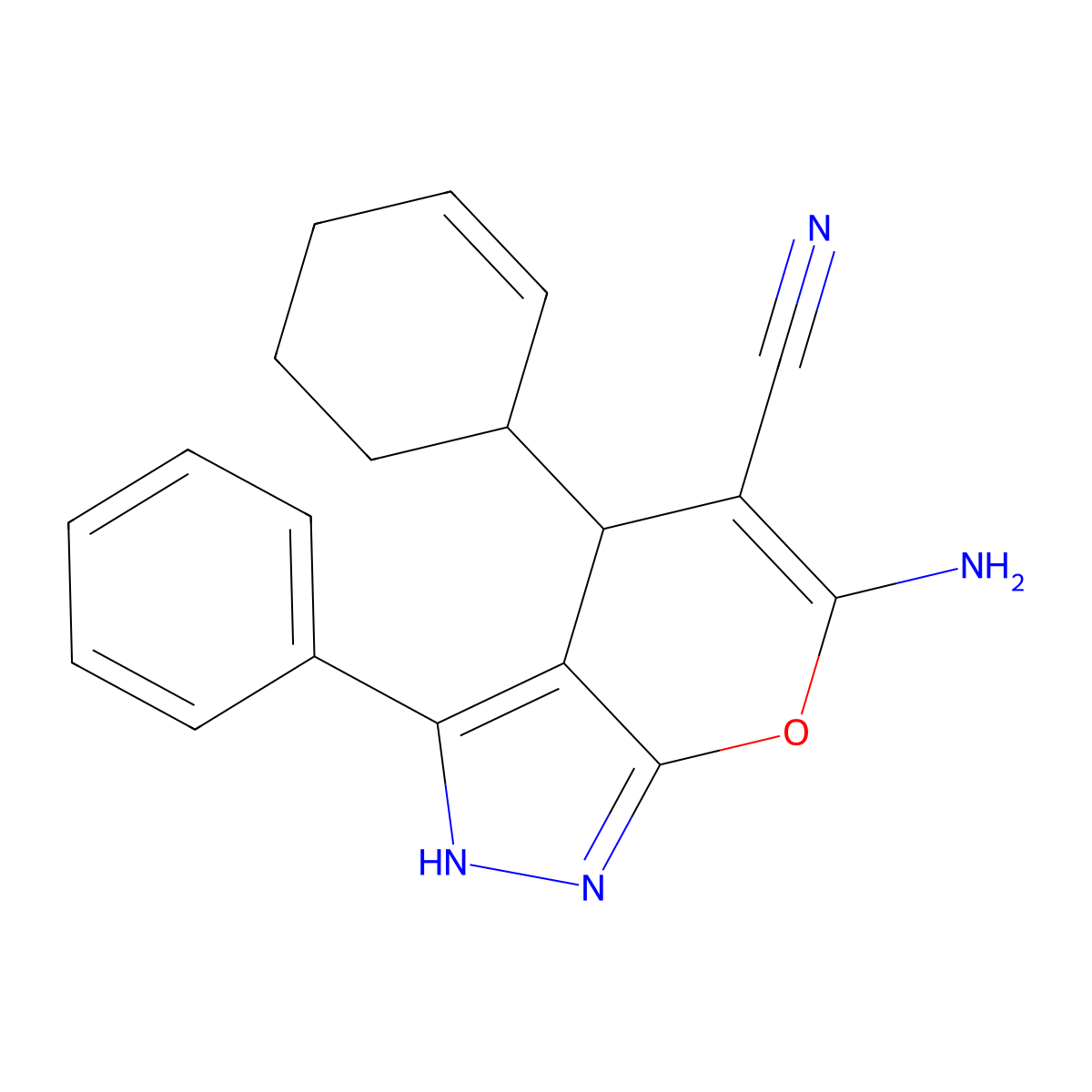 6-Amino-4-cyclohex-2-en-1-yl-3-phenyl-2,4-dihydropyrano[2,3-c]pyrazole-5-carbonitrile molecular structure, CAS 497246-74-9