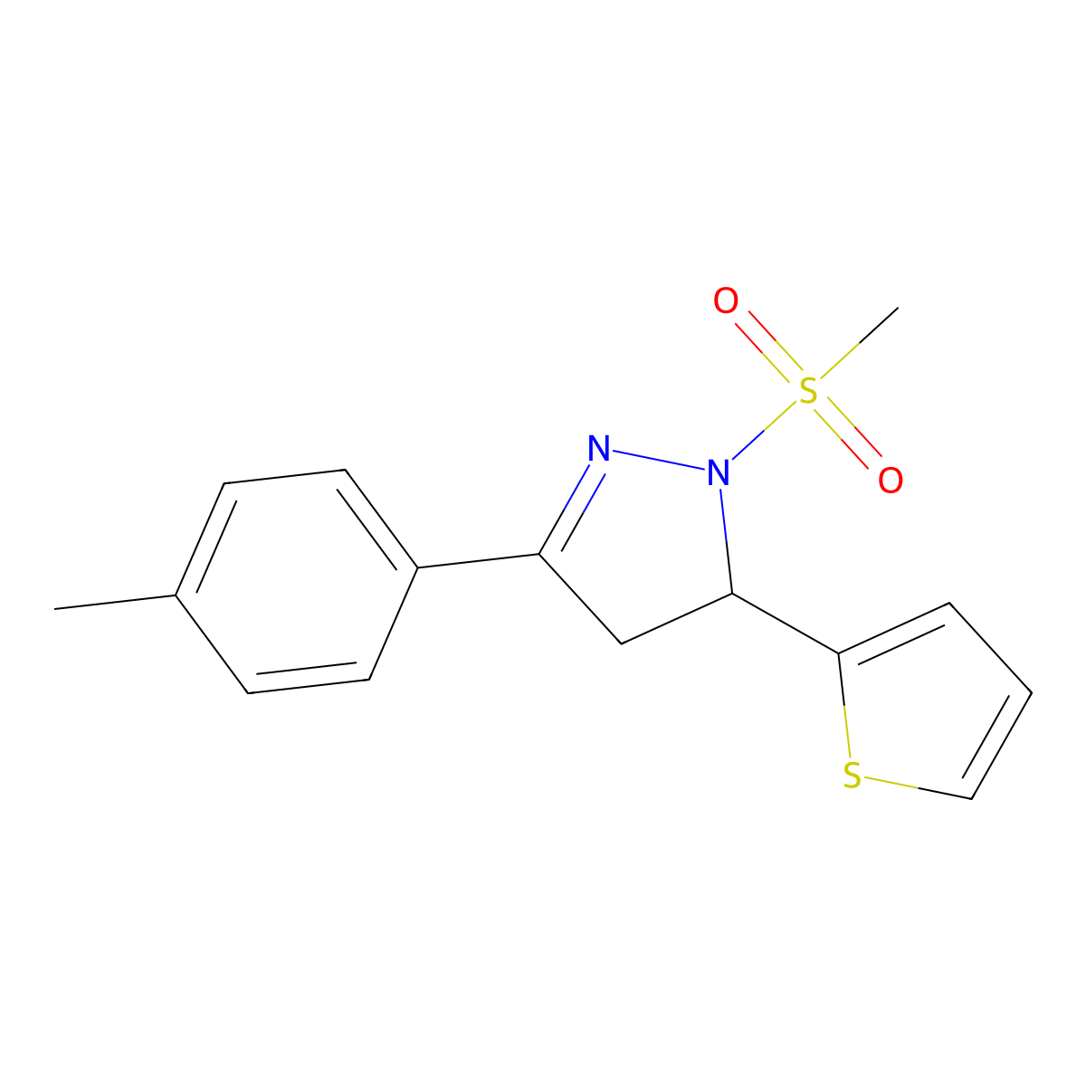 5-(4-Methylphenyl)-2-methylsulfonyl-3-thiophen-2-yl-3,4-dihydropyrazole molecular structure, CAS 497247-32-2
