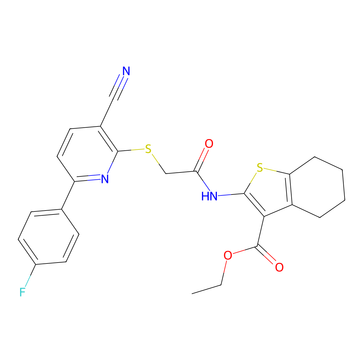 Ethyl 2-[[2-[3-cyano-6-(4-fluorophenyl)pyridin-2-yl]sulfanylacetyl]amino]-4,5,6,7-tetrahydro-1-benzothiophene-3-carboxylate molecular structure, CAS 497247-35-5