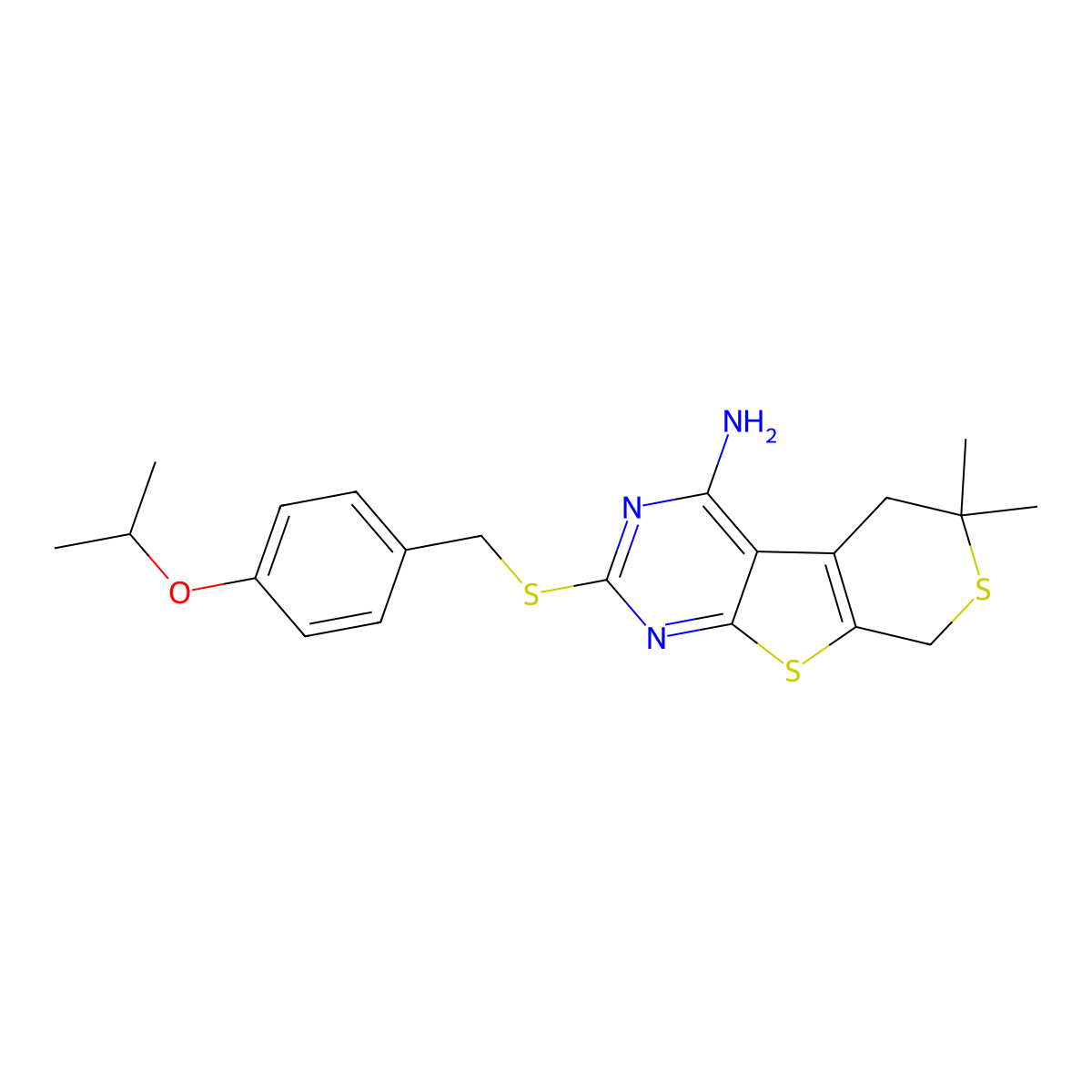 6,6-Dimethyl-2-[(4-propan-2-yloxyphenyl)methylsulfanyl]-5,8-dihydrothiopyrano[4,5]thieno[1,2-c]pyrimidin-4-amine molecular structure, CAS 497248-10-9