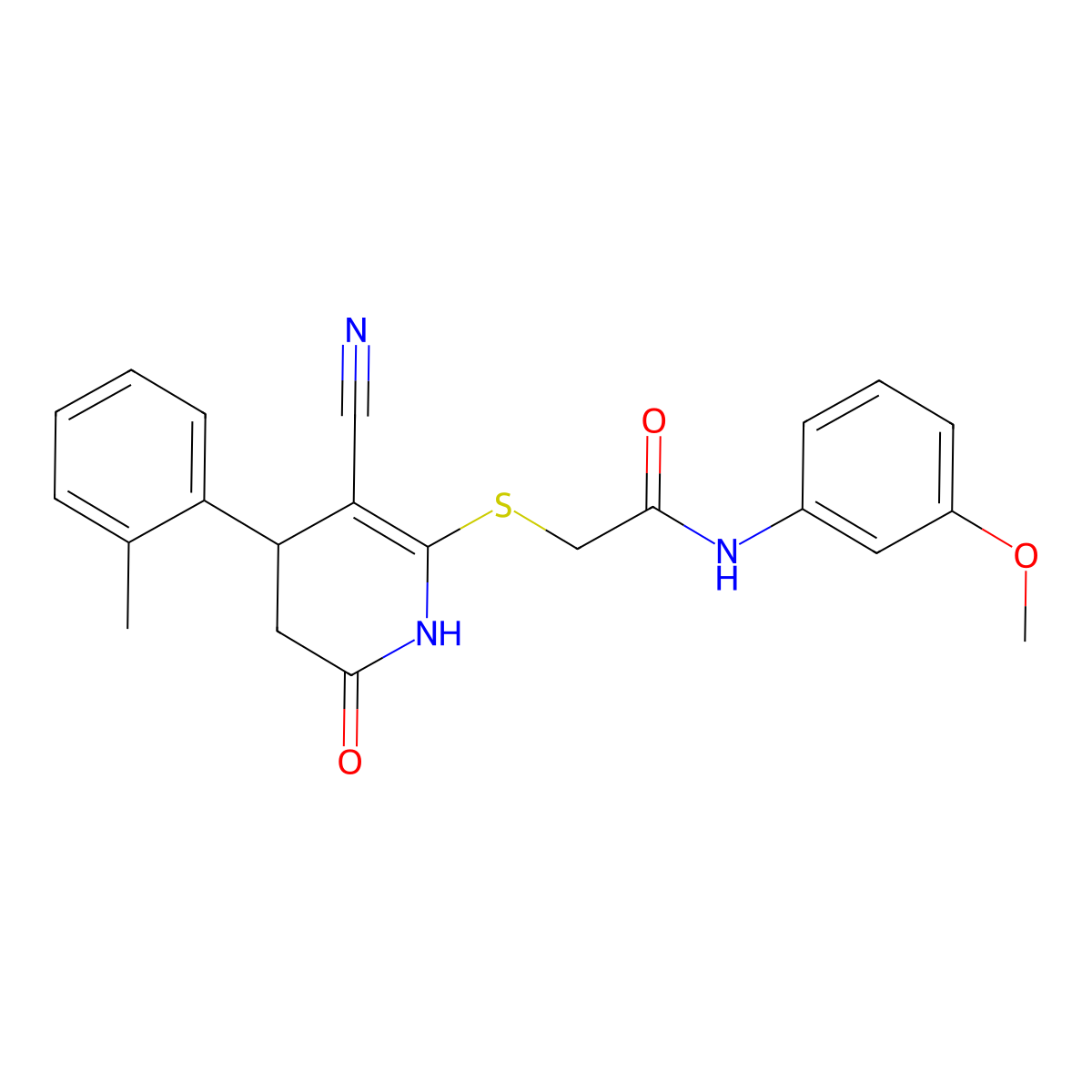 2-((3-cyano-6-oxo-4-(o-tolyl)-1,4,5,6-tetrahydropyridin-2-yl)thio)-N-(3-methoxyphenyl)acetamide molecular structure, CAS 497248-94-9