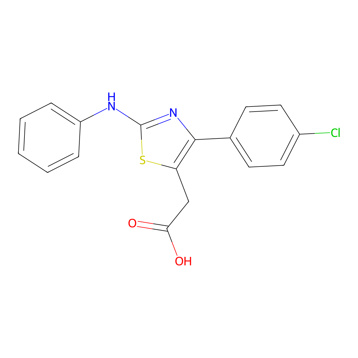 5-Thiazoleacetic acid, 4-(4-chlorophenyl)-2-(phenylamino)- molecular structure, CAS 49779-95-5