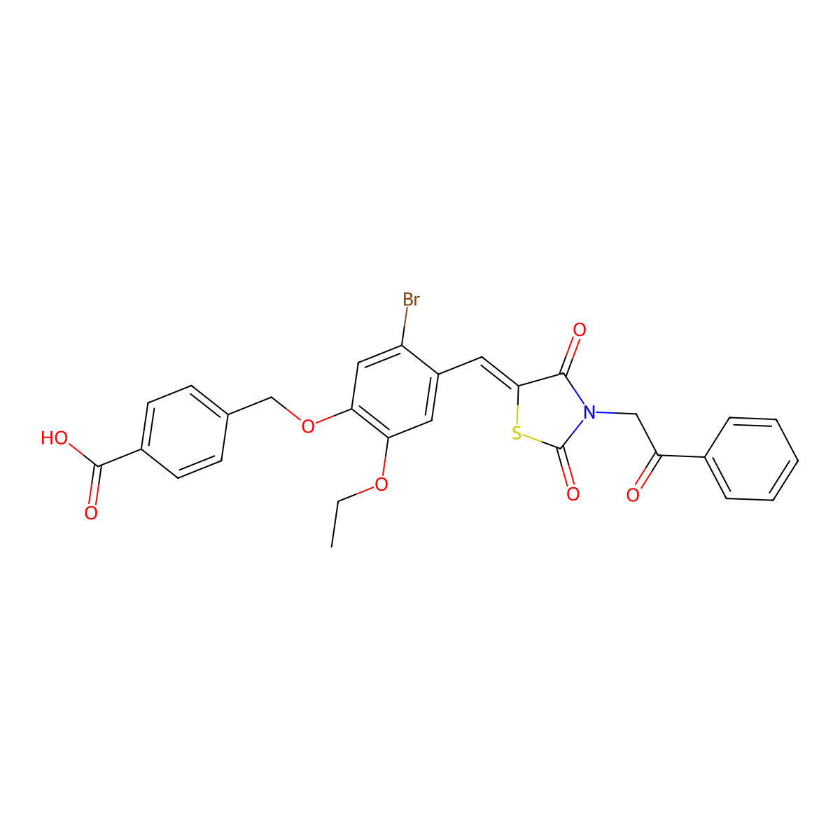 4-[[5-bromo-4-[(Z)-(2,4-dioxo-3-phenacyl-1,3-thiazolidin-5-ylidene)methyl]-2-ethoxyphenoxy]methyl]benzoic acid molecular structure, CAS 497836-10-9