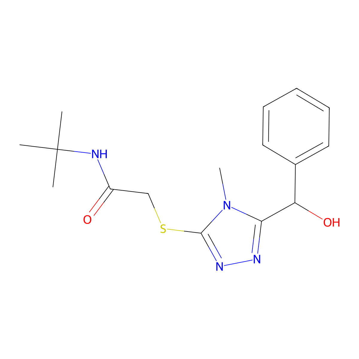 N-tert-butyl-2-[[5-[hydroxy(phenyl)methyl]-4-methyl-1,2,4-triazol-3-yl]sulfanyl]acetamide molecular structure, CAS 497837-69-1